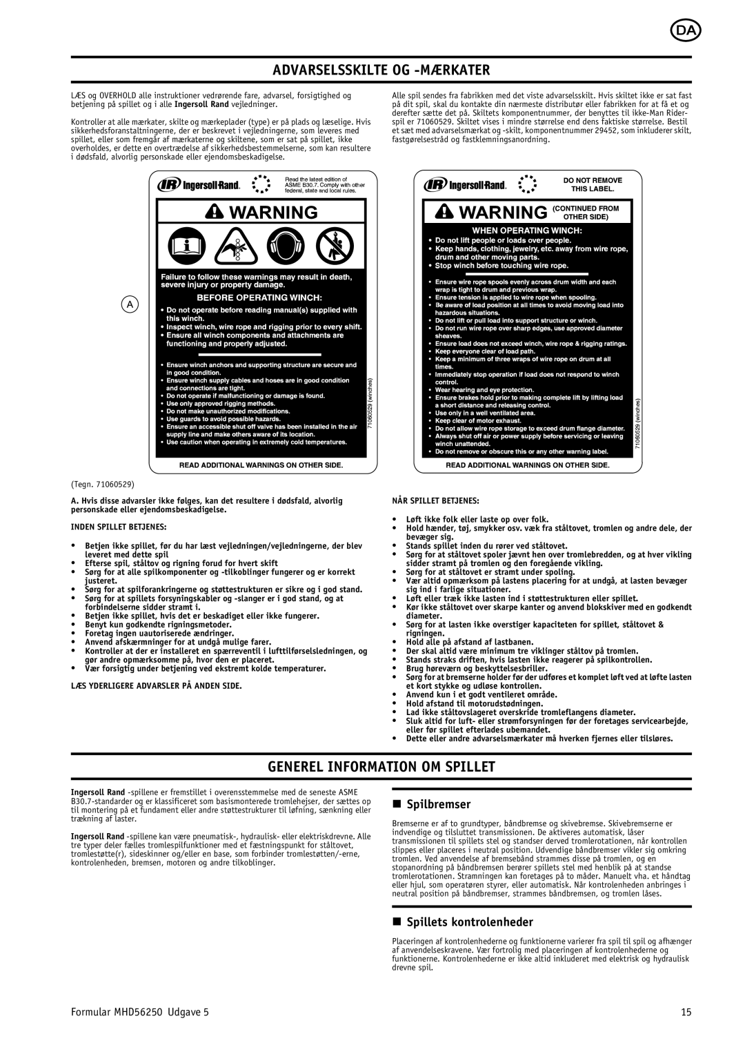 Ingersoll-Rand MHD56250 manual Generel Information OM Spillet, Spilbremser, Spillets kontrolenheder 