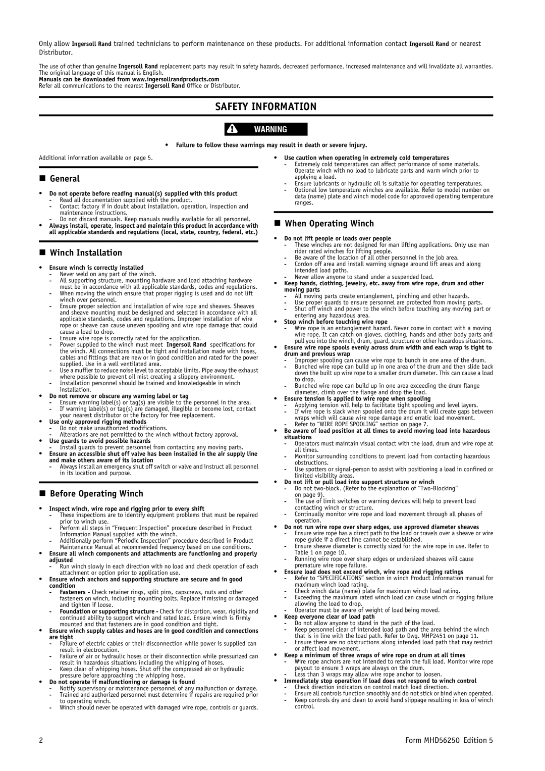 Ingersoll-Rand MHD56250 Safety Information, General, Winch Installation, Before Operating Winch, When Operating Winch 