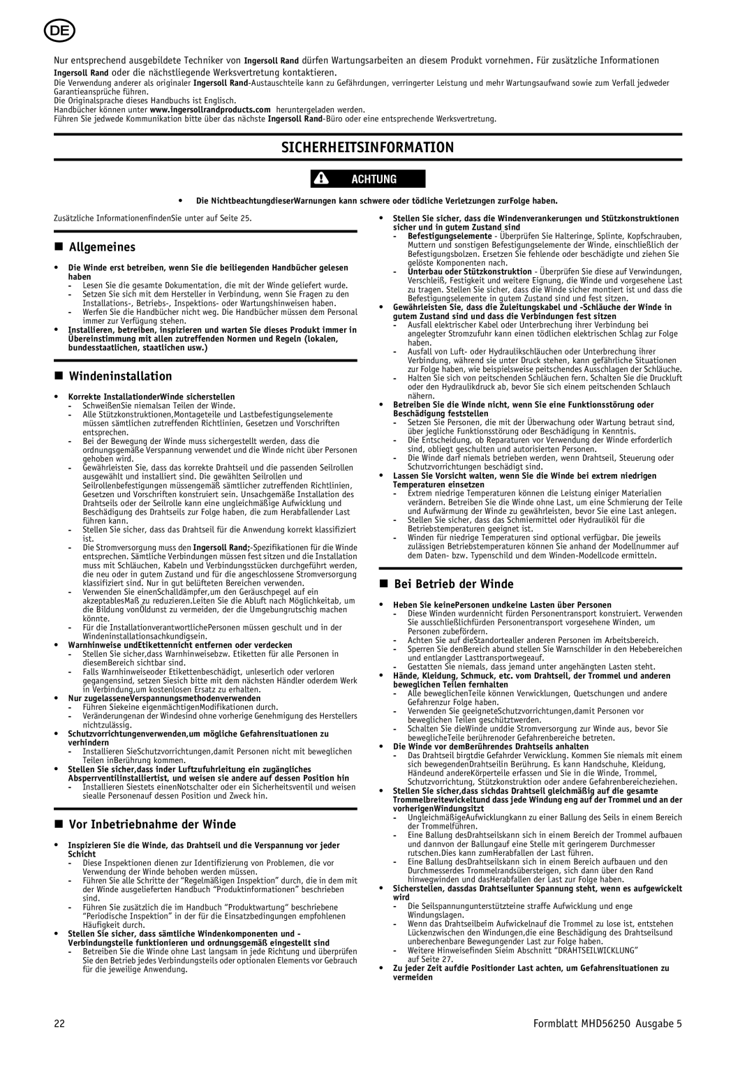 Ingersoll-Rand MHD56250 manual Sicherheitsinformation, Allgemeines, Windeninstallation, Vor Inbetriebnahme der Winde 