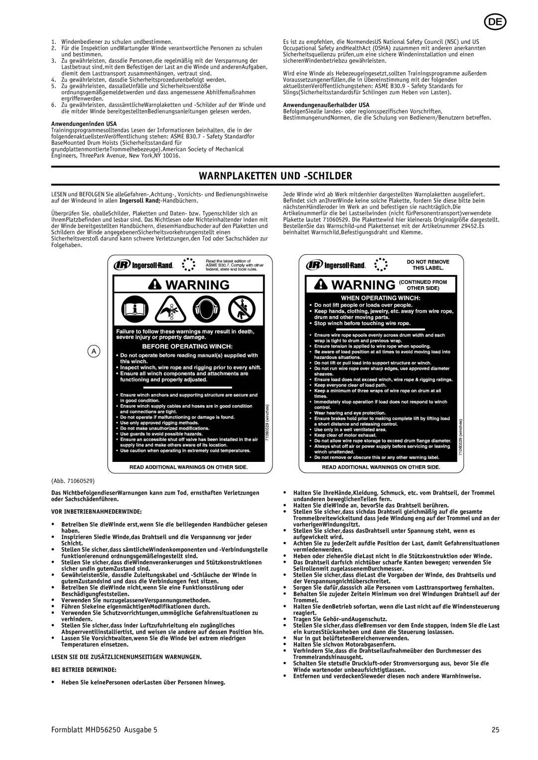 Ingersoll-Rand MHD56250 manual Warnplaketten UND -SCHILDER, Anwendungeninden USA, Anwendungenaußerhalbder USA 