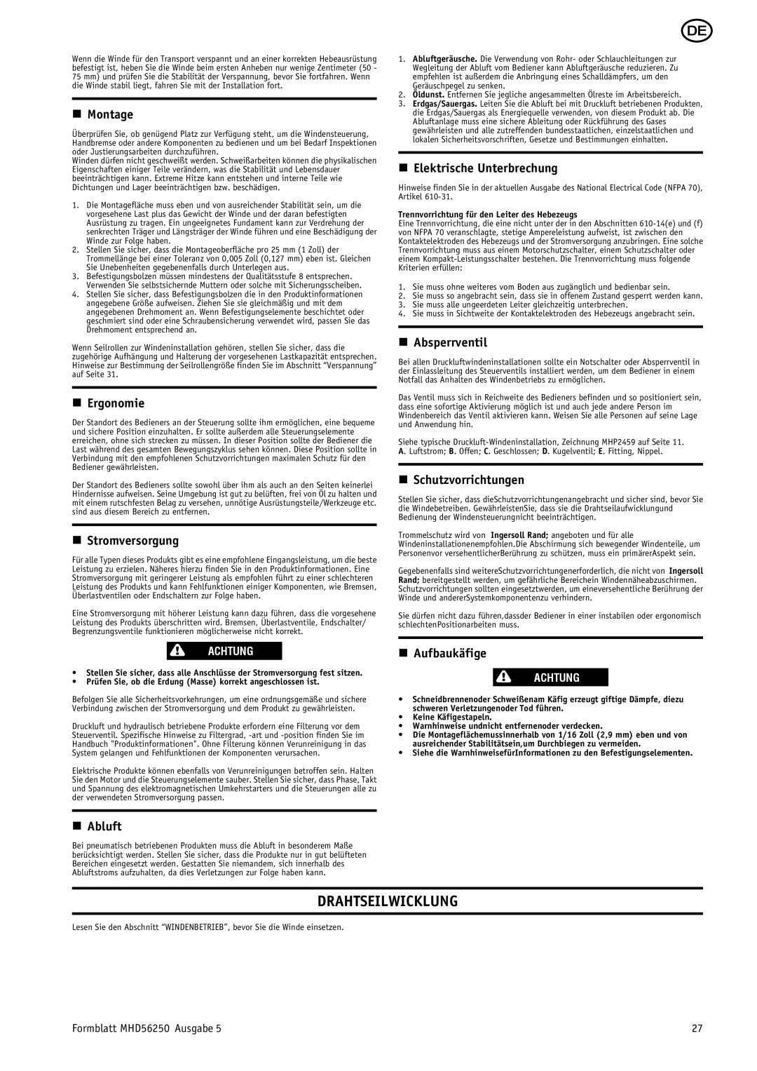 Ingersoll-Rand MHD56250 manual Drahtseilwicklung 