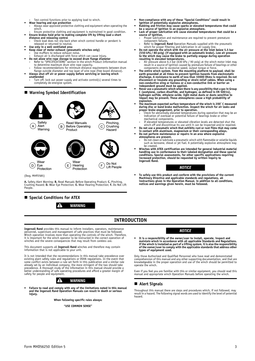 Ingersoll-Rand manual Introduction, Special Conditions for Atex, Alert Signals, Form MHD56250 Edition, USE Common Sense 