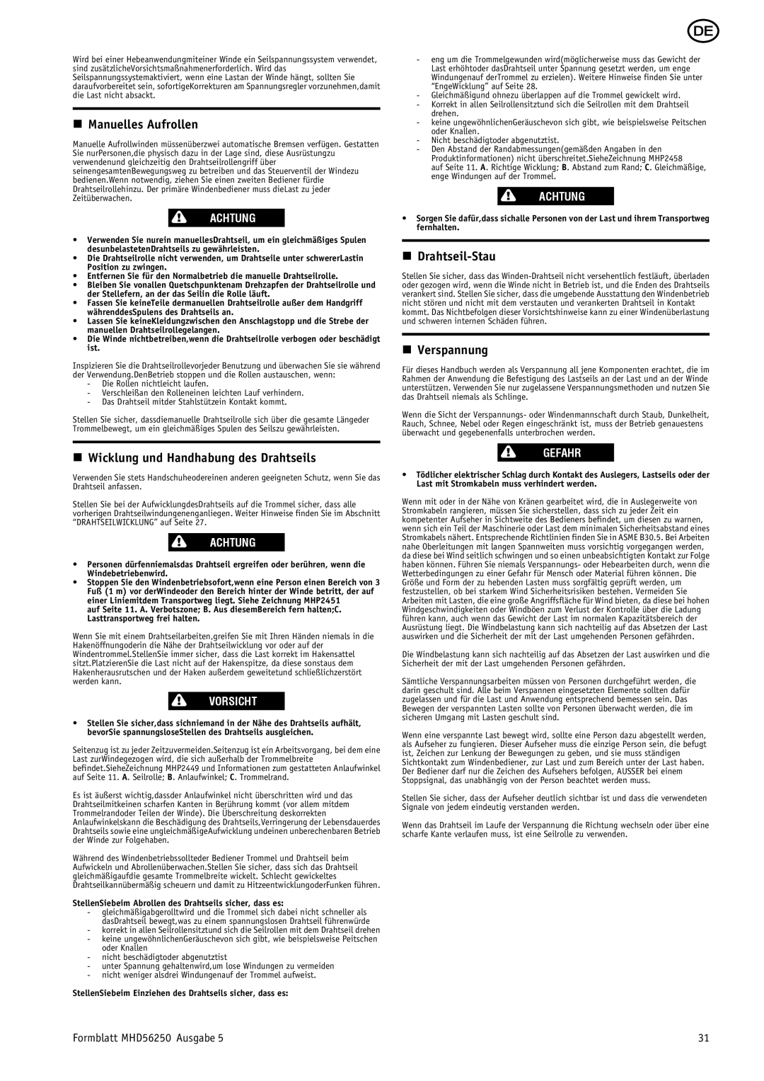 Ingersoll-Rand MHD56250 manual Manuelles Aufrollen, Wicklung und Handhabung des Drahtseils, Drahtseil-Stau, Verspannung 