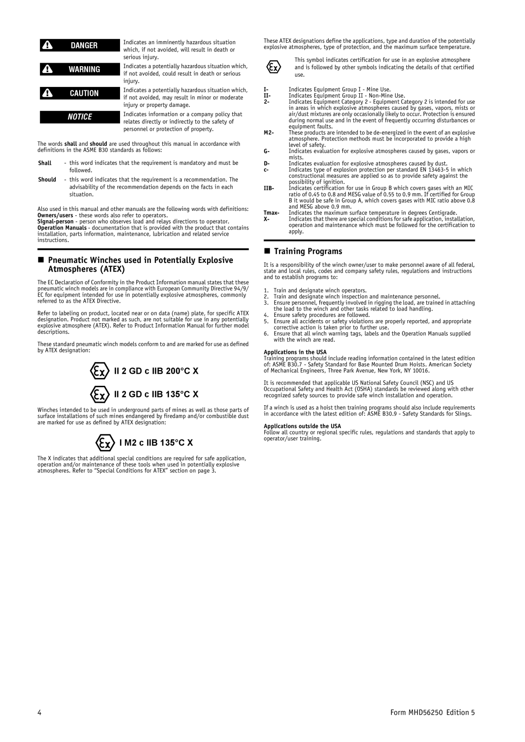 Ingersoll-Rand MHD56250 II 2 GD c IIB 200C II 2 GD c IIB 135C, M2 c IIB 135C, Training Programs, Applications in the USA 