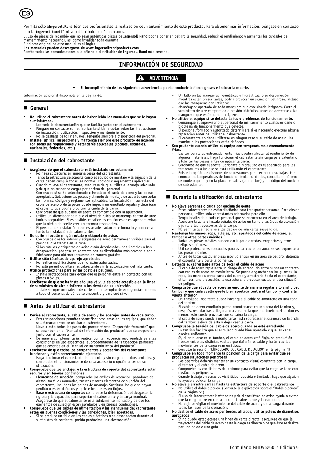 Ingersoll-Rand MHD56250 manual Información DE Seguridad, Instalación del cabrestante, Antes de utilizar el cabrestante 