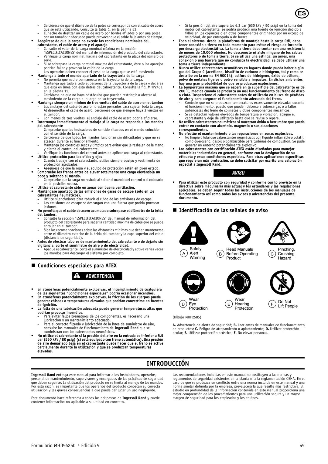 Ingersoll-Rand manual Introducción, Formulario MHD56250 ª Edición, Utilice protección para los oídos y ojos 