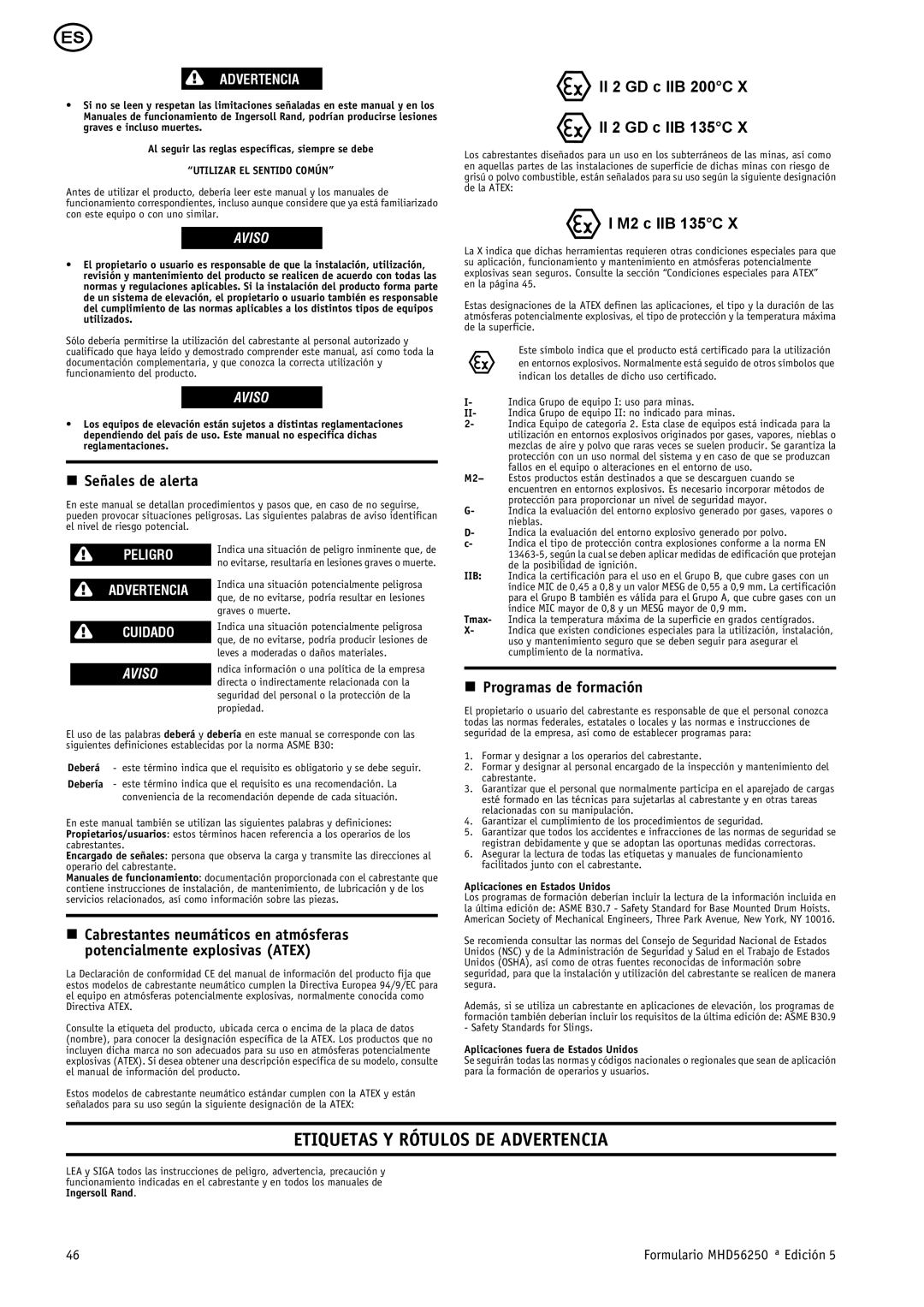 Ingersoll-Rand MHD56250 manual Etiquetas Y Rótulos DE Advertencia, Señales de alerta, Programas de formación 