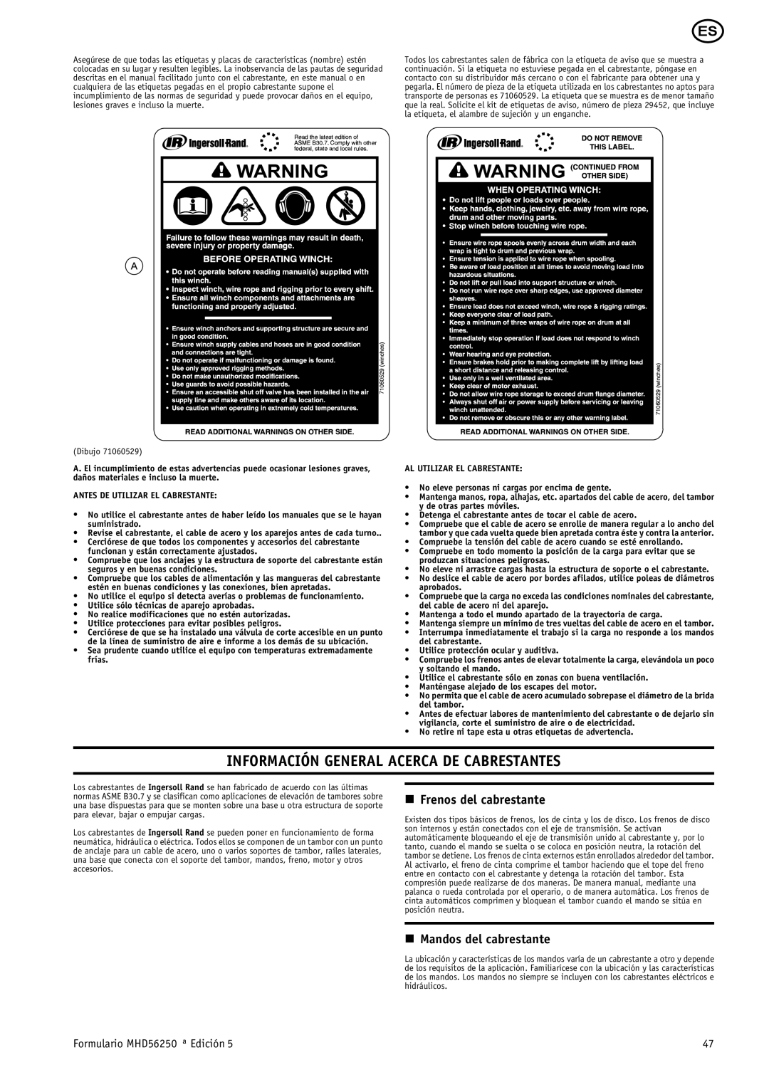 Ingersoll-Rand MHD56250 manual Información General Acerca DE Cabrestantes, Frenos del cabrestante, Mandos del cabrestante 