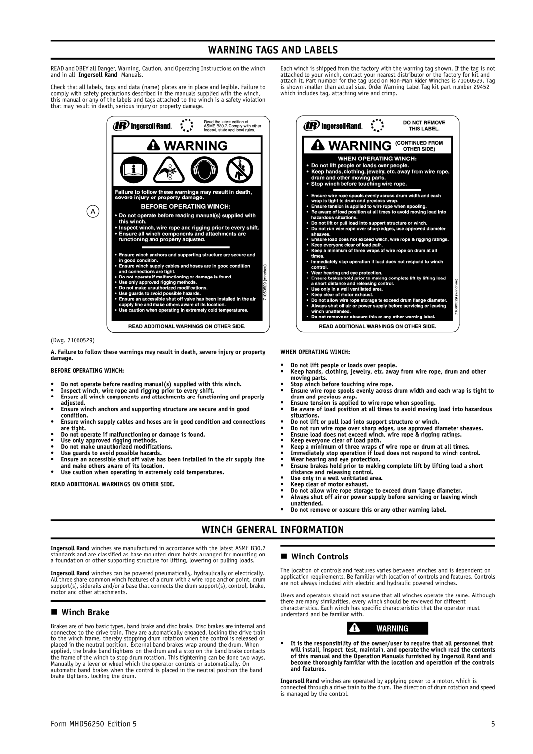 Ingersoll-Rand MHD56250 manual Winch General Information, Winch Brake, Winch Controls 