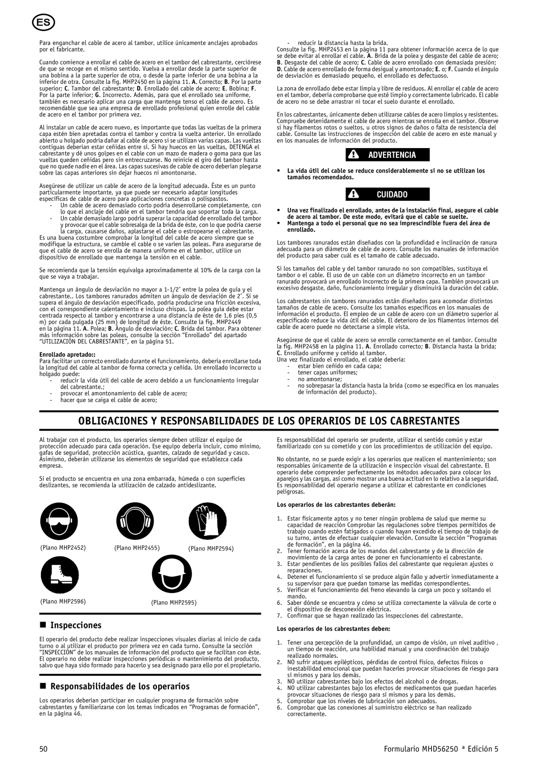 Ingersoll-Rand MHD56250 manual Inspecciones, Responsabilidades de los operarios, Enrollado apretado 