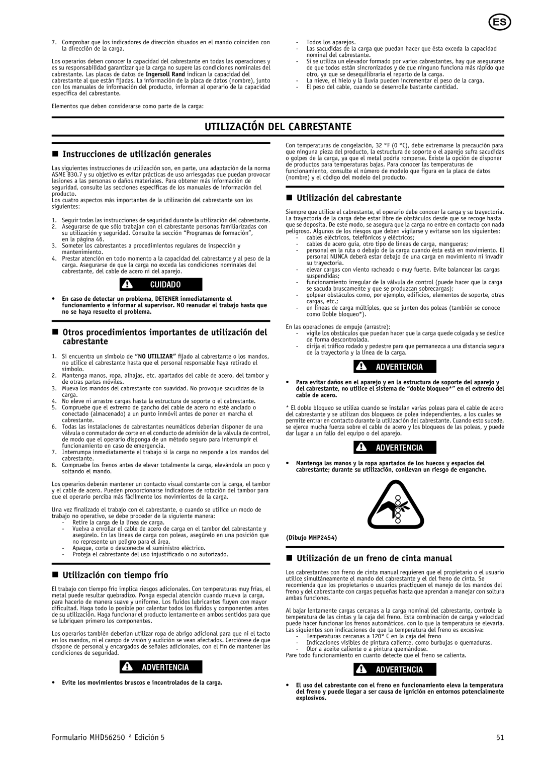 Ingersoll-Rand MHD56250 Utilización DEL Cabrestante, Instrucciones de utilización generales, Utilización con tiempo frío 