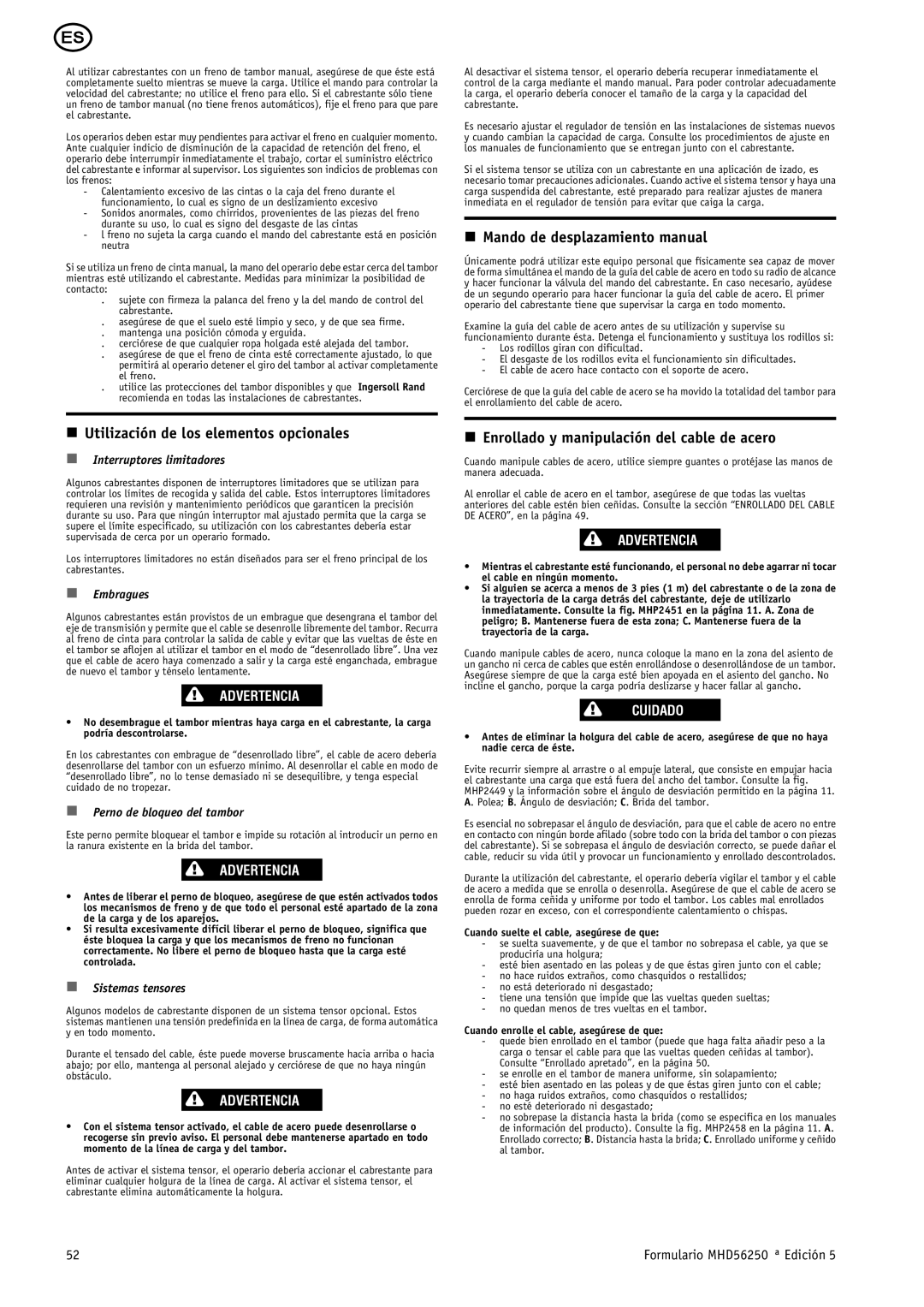 Ingersoll-Rand MHD56250 Utilización de los elementos opcionales, Mando de desplazamiento manual 