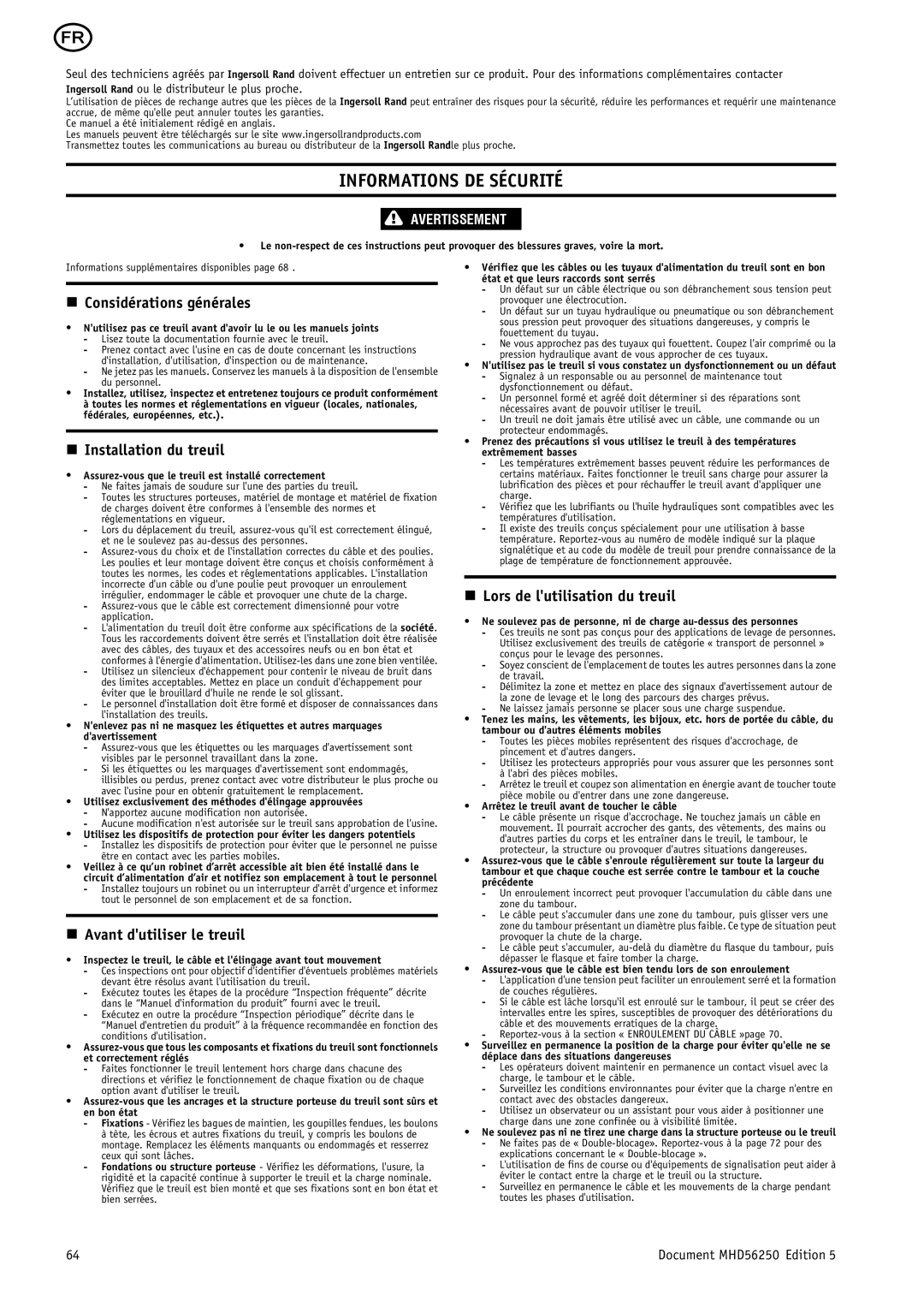 Ingersoll-Rand MHD56250 manual Informations DE Sécurité, Considérations générales, Installation du treuil 