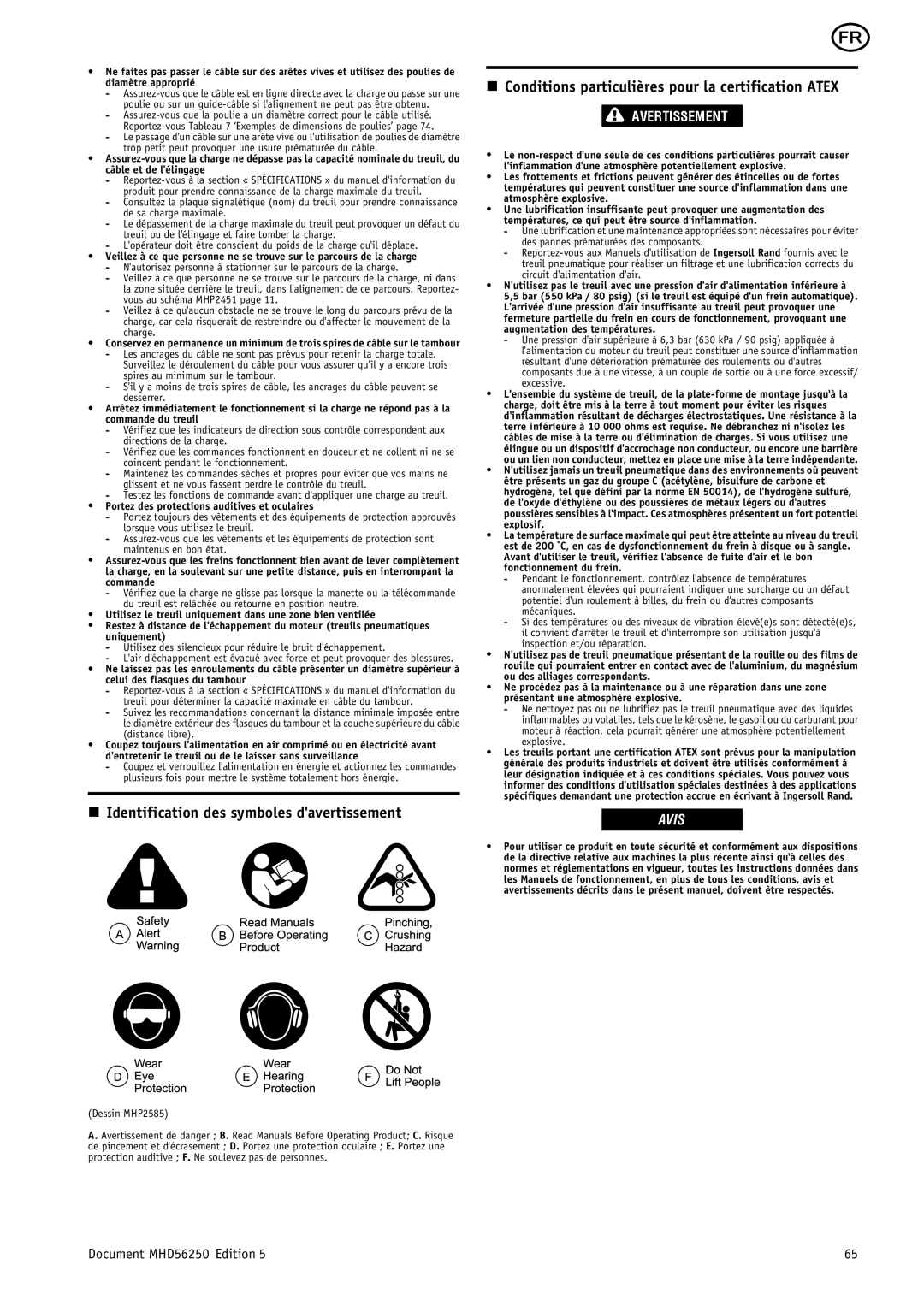 Ingersoll-Rand MHD56250 Identification des symboles davertissement, Conditions particulières pour la certification Atex 