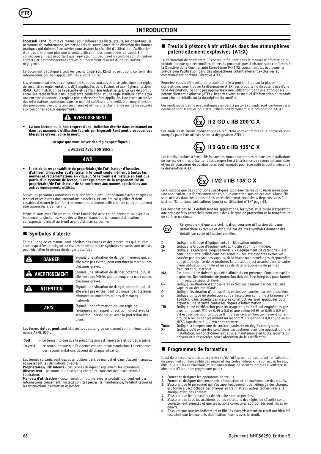 Ingersoll-Rand MHD56250 manual Symboles dalerte, II 2 GD c IIB 200C, Programmes de formation, « Agissez Avec BON Sens » 