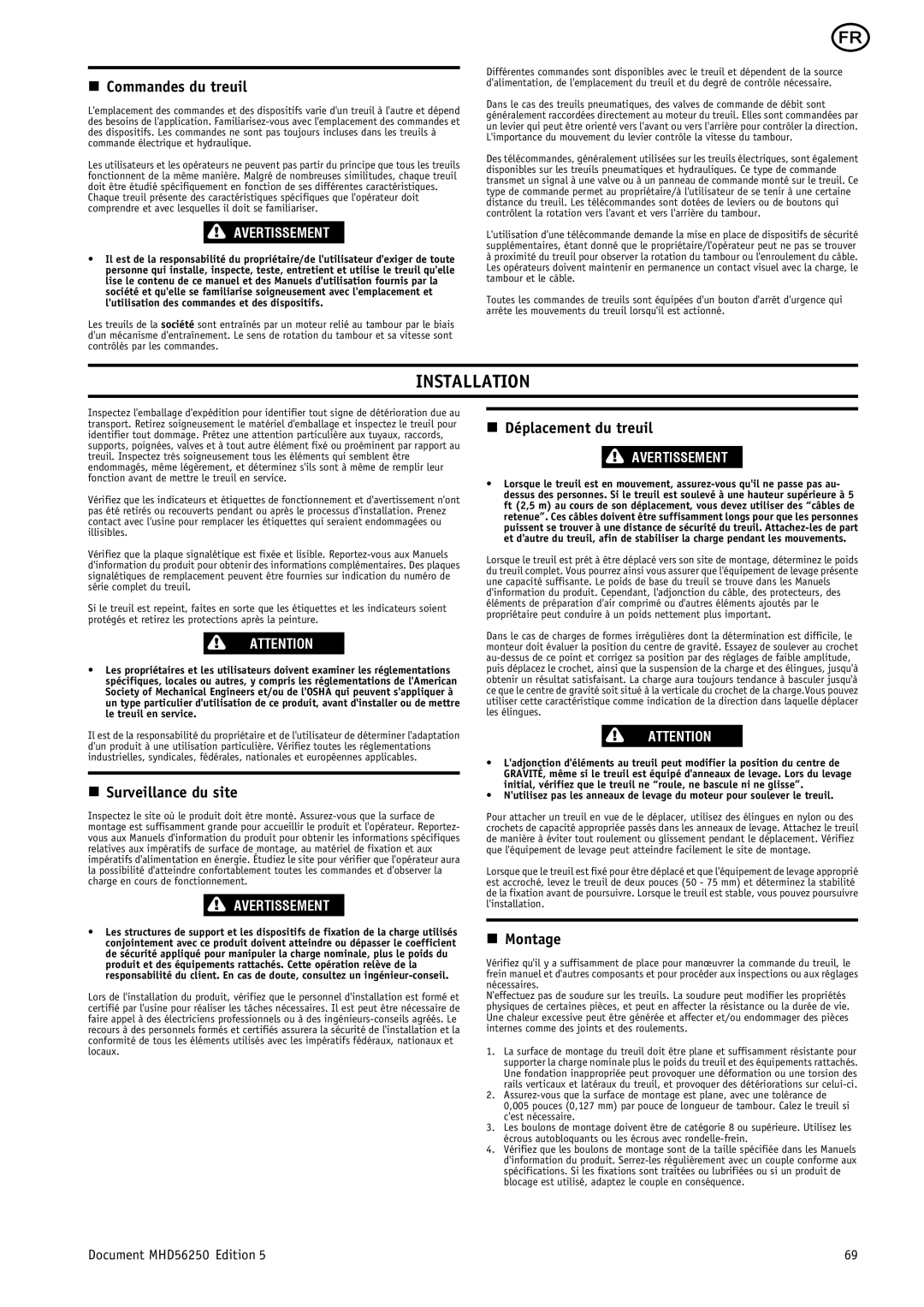 Ingersoll-Rand MHD56250 manual Commandes du treuil, Surveillance du site, Déplacement du treuil 