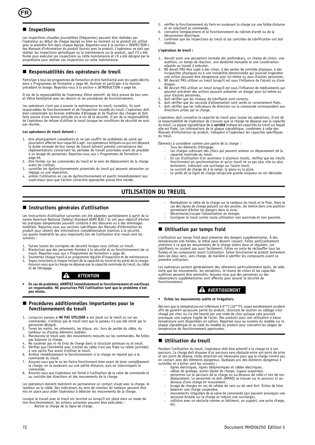 Ingersoll-Rand MHD56250 manual Utilisation DU Treuil, Responsabilités des opérateurs de treuil, Utilisation par temps froid 