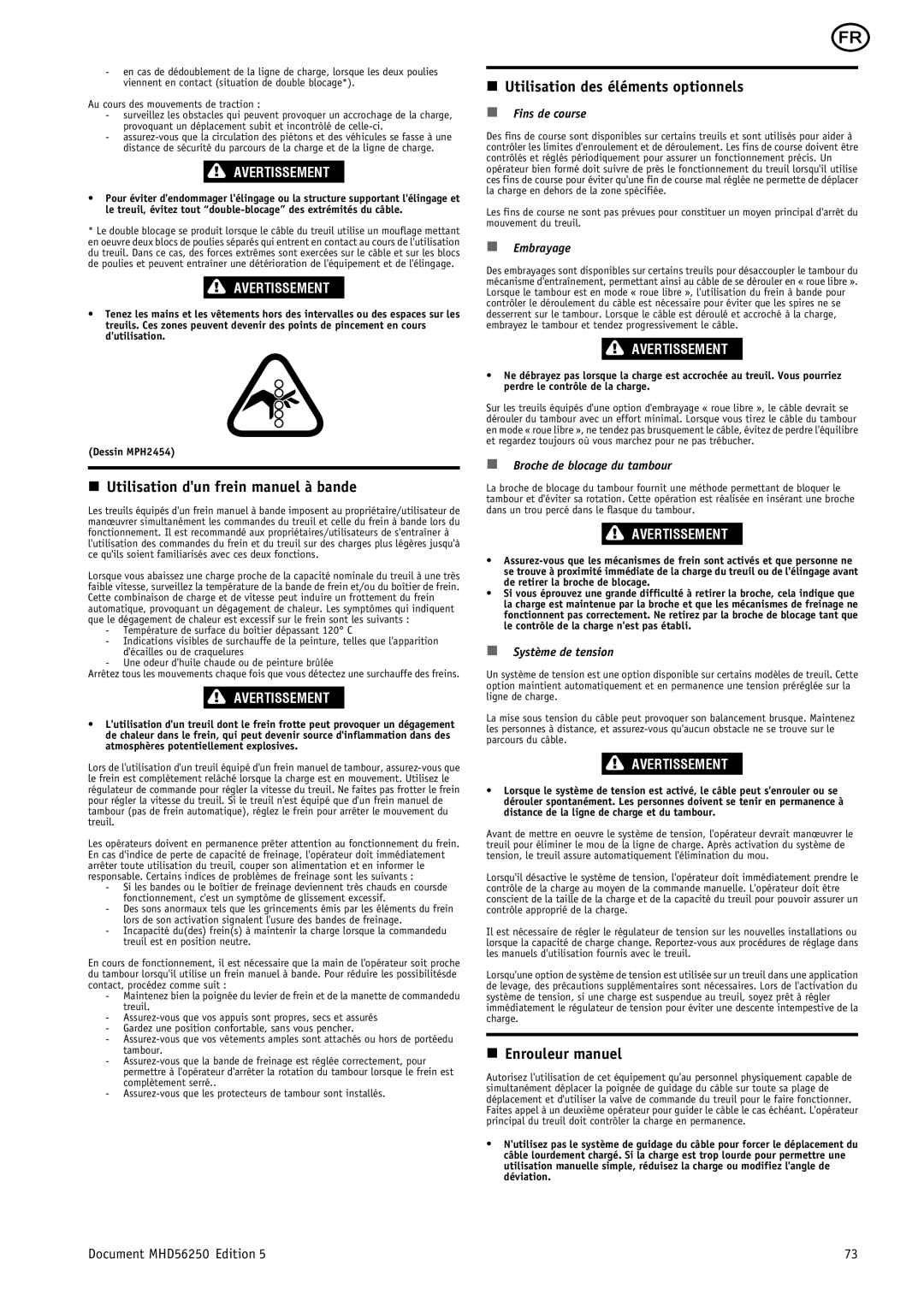 Ingersoll-Rand MHD56250 manual Utilisation dun frein manuel à bande, Utilisation des éléments optionnels, Enrouleur manuel 