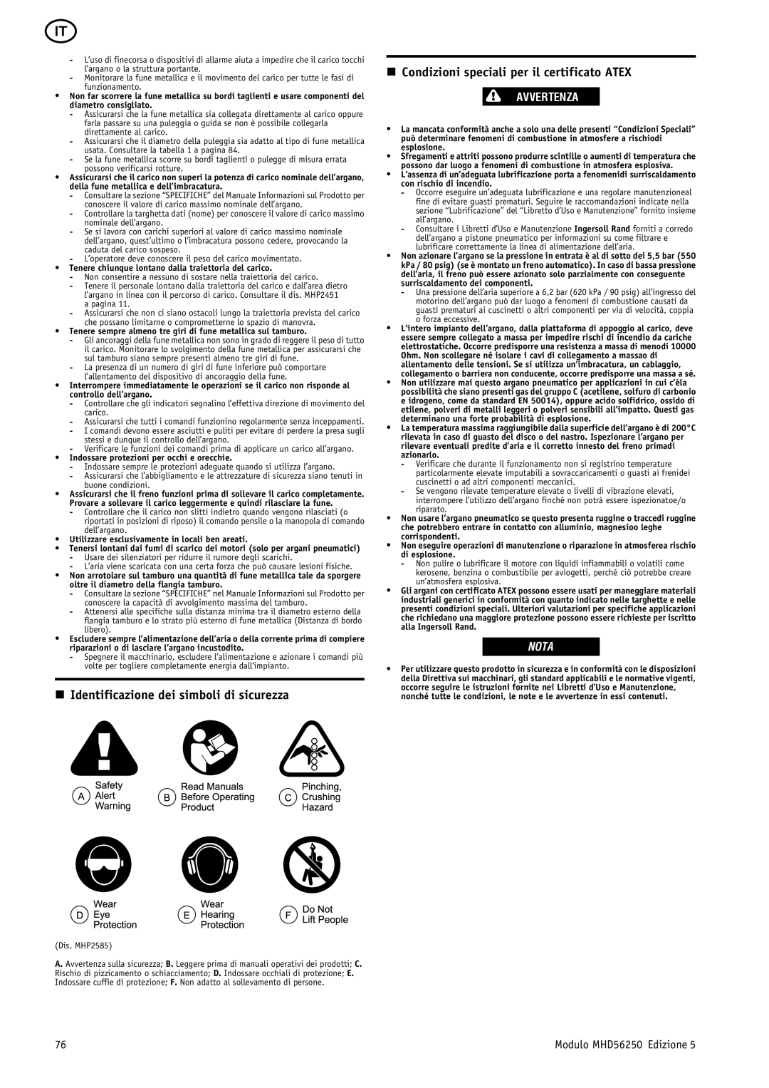 Ingersoll-Rand MHD56250 manual Identificazione dei simboli di sicurezza, Condizioni speciali per il certificato Atex 