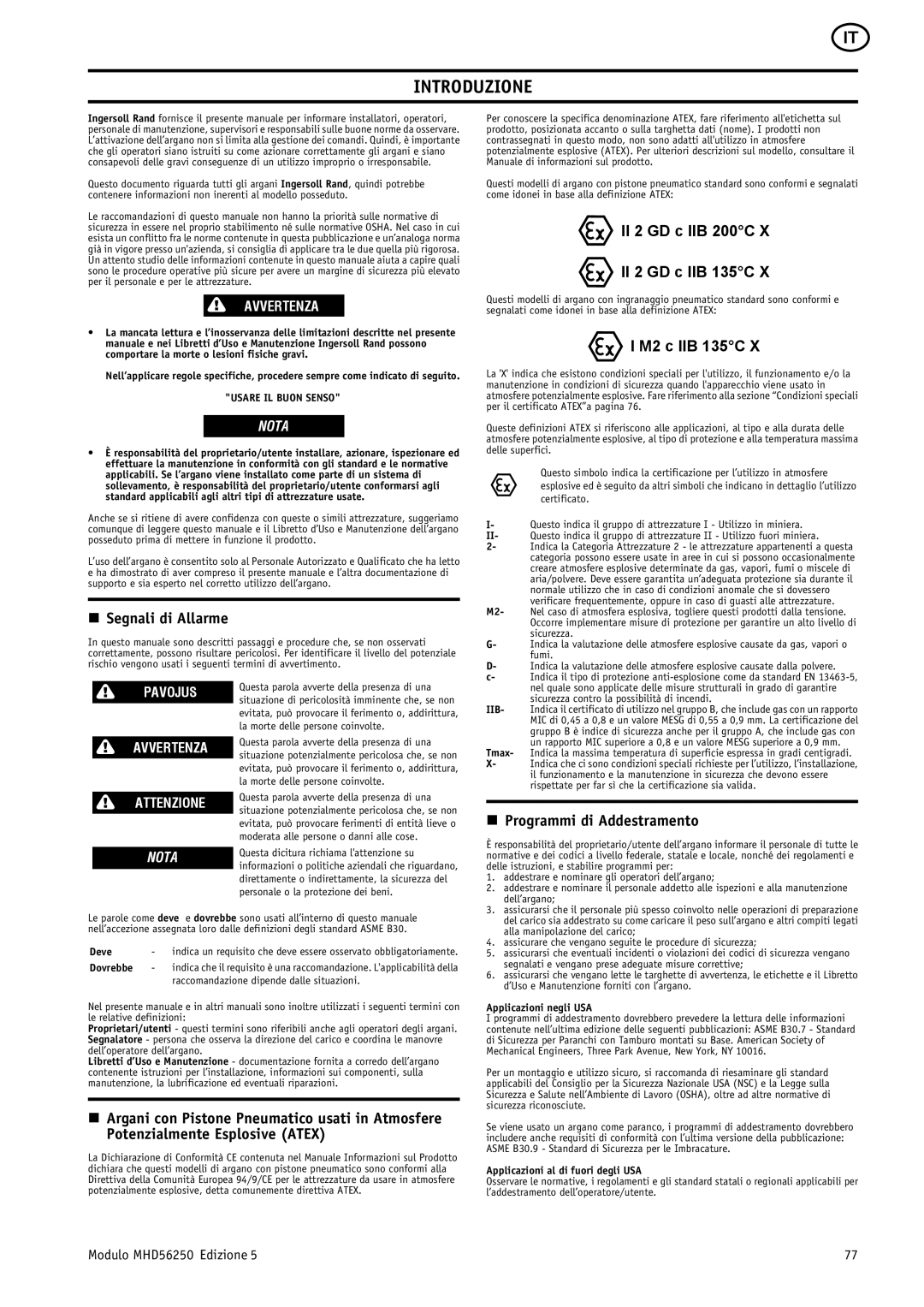 Ingersoll-Rand MHD56250 manual Introduzione, Segnali di Allarme, Programmi di Addestramento, Pavojus Avvertenza Attenzione 