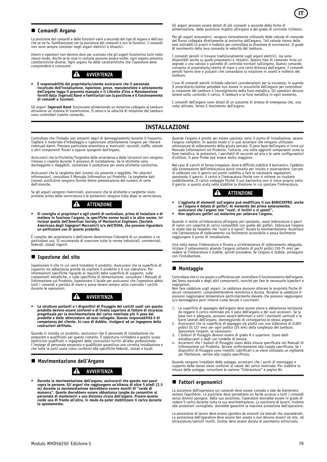 Ingersoll-Rand MHD56250 manual Installazione 