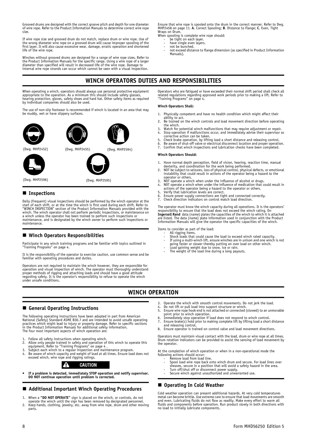 Ingersoll-Rand MHD56250 manual Winch Operators Duties and Responsibilities, Winch Operation 