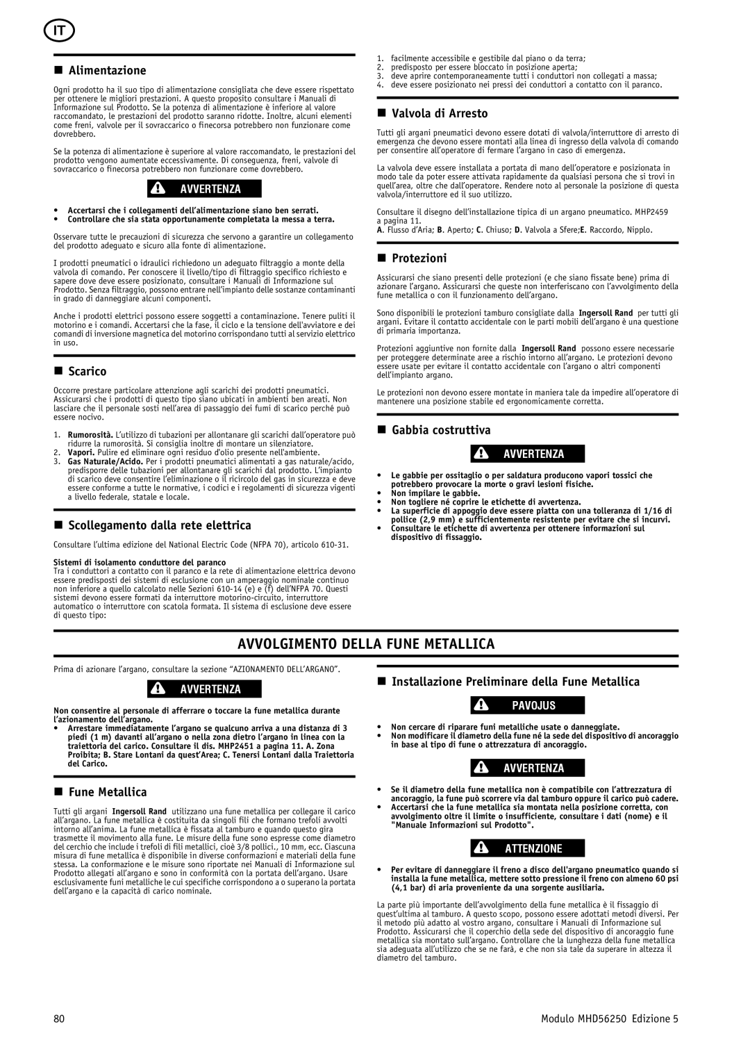 Ingersoll-Rand MHD56250 manual Avvolgimento Della Fune Metallica 