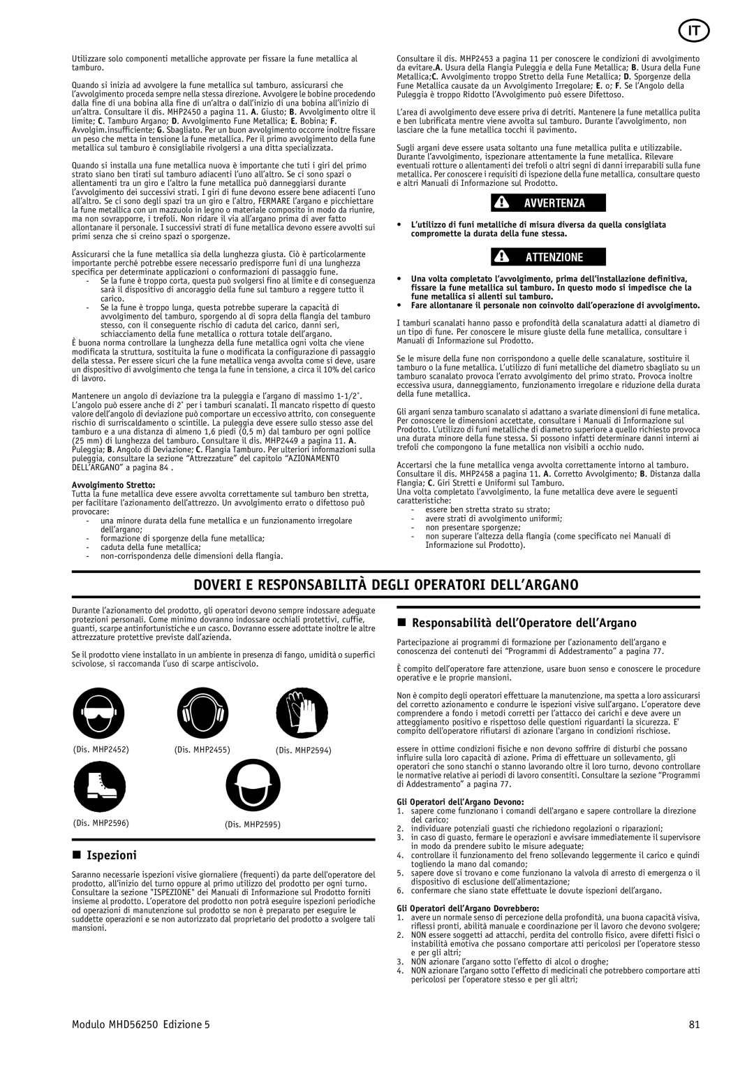 Ingersoll-Rand MHD56250 manual Doveri E Responsabilità Degli Operatori DELL’ARGANO, Ispezioni 