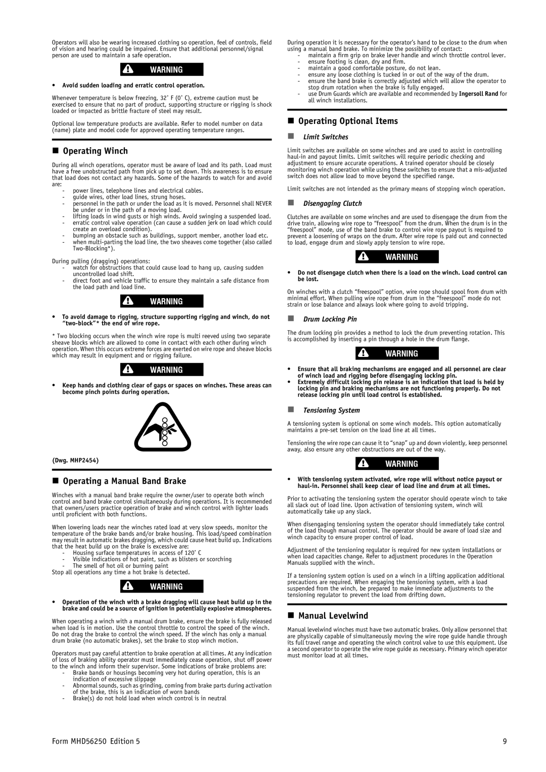 Ingersoll-Rand MHD56250 manual Operating Winch, Operating a Manual Band Brake, Operating Optional Items, Manual Levelwind 