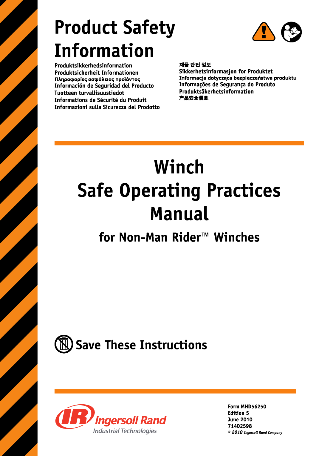 Ingersoll-Rand MHD56250 manual Winch Safe Operating Practices Manual, Product Safety Information 