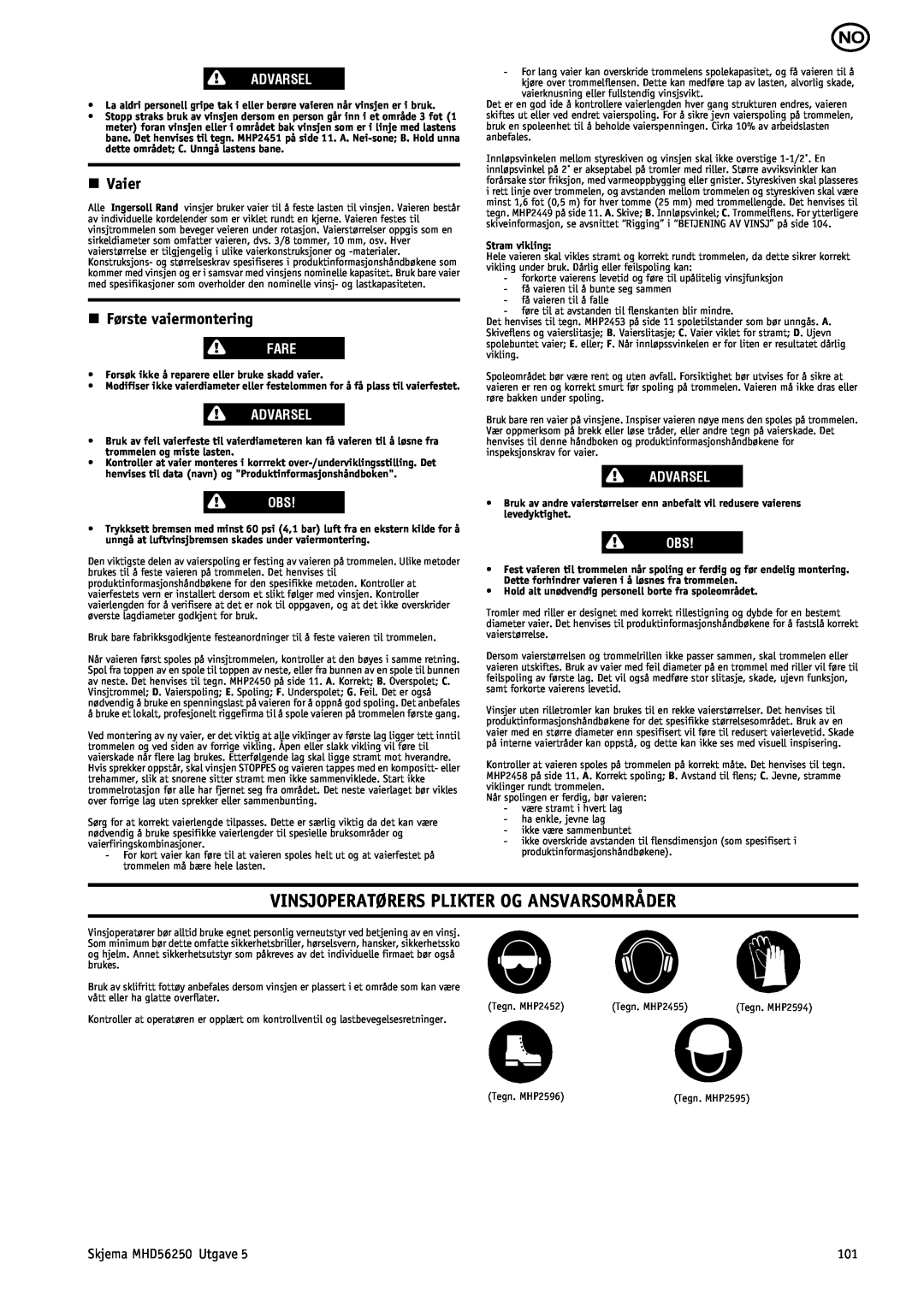 Ingersoll-Rand MHD56250 manual Vinsjoperatørers Plikter Og Ansvarsområder, n Vaier, n Første vaiermontering, Advarsel, Fare 