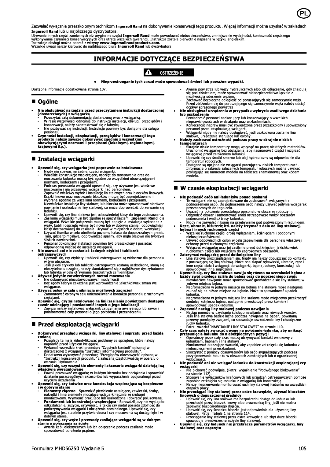 Ingersoll-Rand manual Informacje Dotyczące Bezpieczeństwa, n Ogólne, n Instalacja wciągarki, Formularz MHD56250 Wydanie 