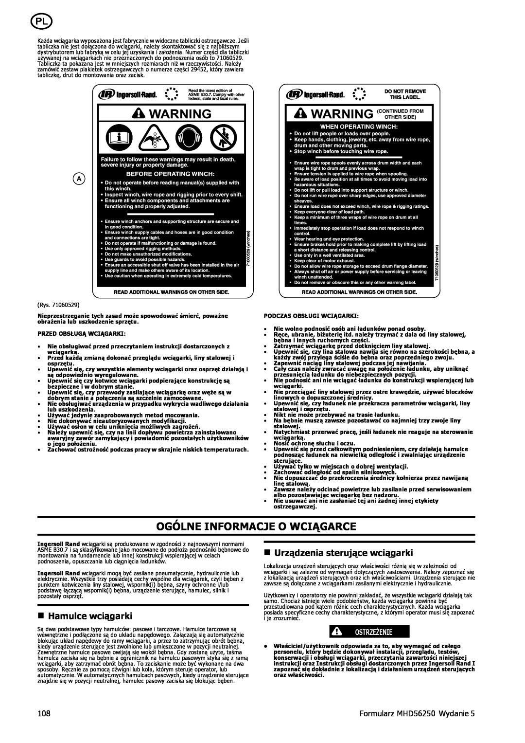 Ingersoll-Rand MHD56250 Ogólne Informacje O Wciągarce, n Hamulce wciągarki, n Urządzenia sterujące wciągarki, Ostrzeżenie 