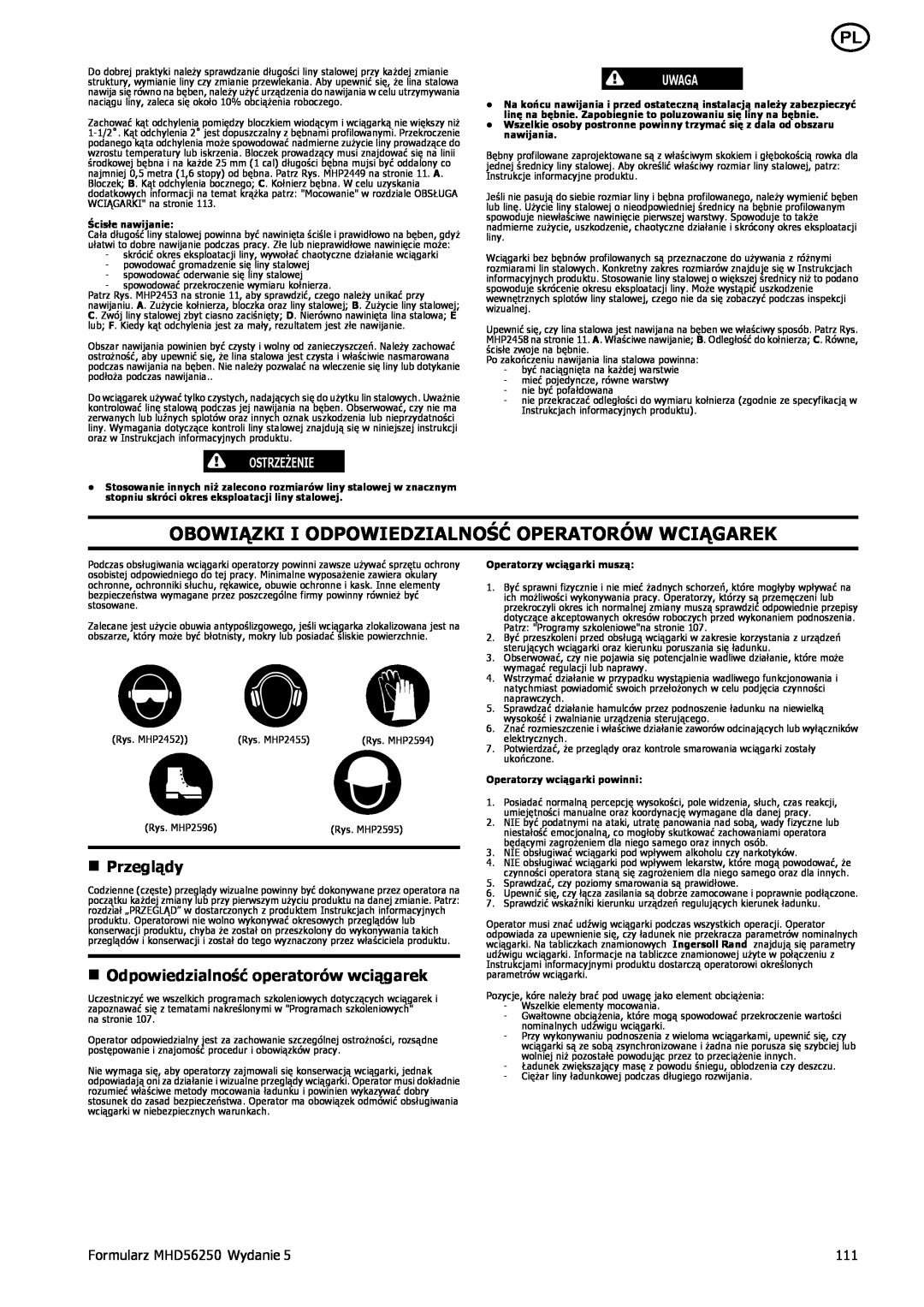 Ingersoll-Rand Obowiązki I Odpowiedzialność Operatorów Wciągarek, n Przeglądy, Formularz MHD56250 Wydanie, Ostrzeżenie 