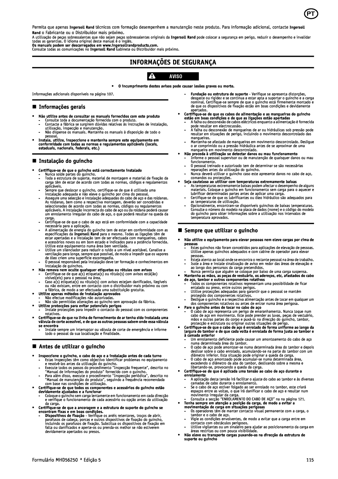 Ingersoll-Rand MHD56250 manual Informações De Segurança, n Informações gerais, n Instalação do guincho, Aviso 