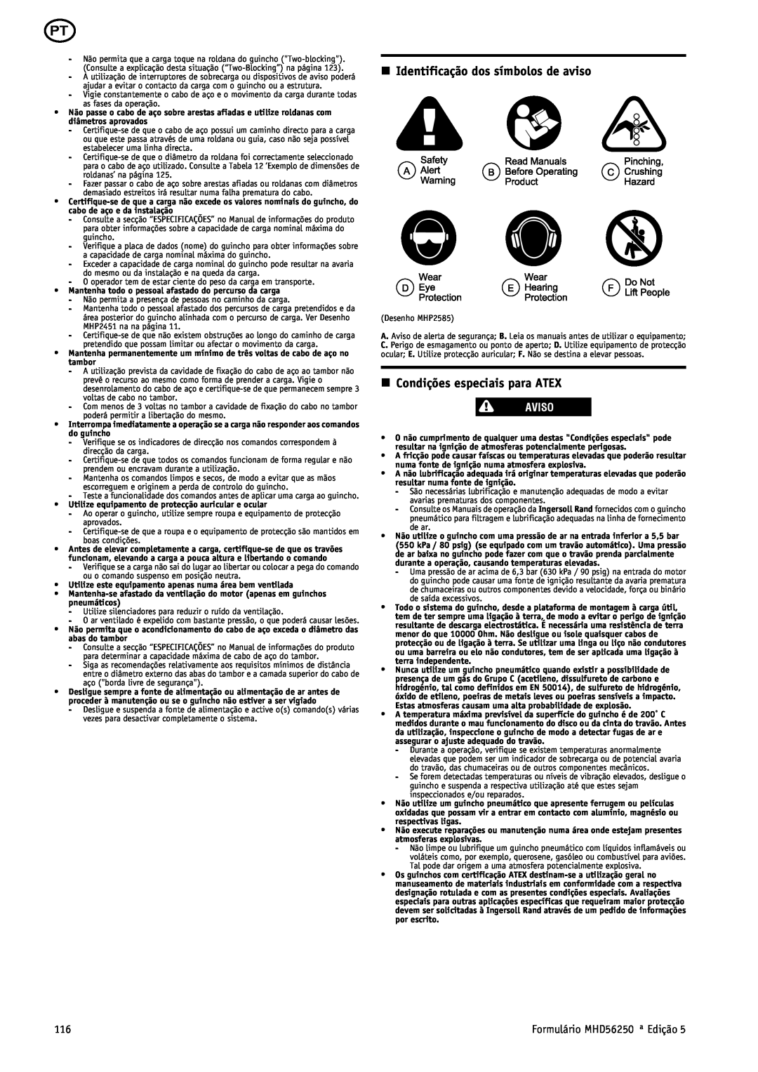 Ingersoll-Rand MHD56250 manual n Identificação dos símbolos de aviso, n Condições especiais para ATEX, Aviso 
