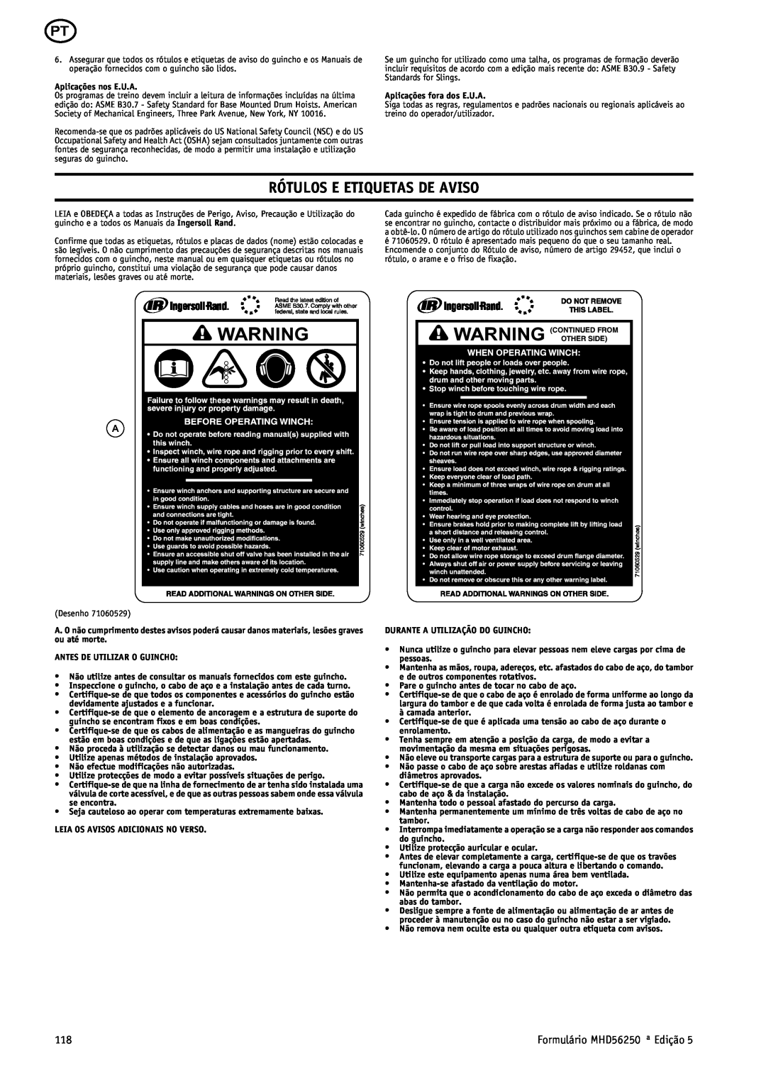 Ingersoll-Rand manual Rótulos E Etiquetas De Aviso, Formulário MHD56250 ª Edição 