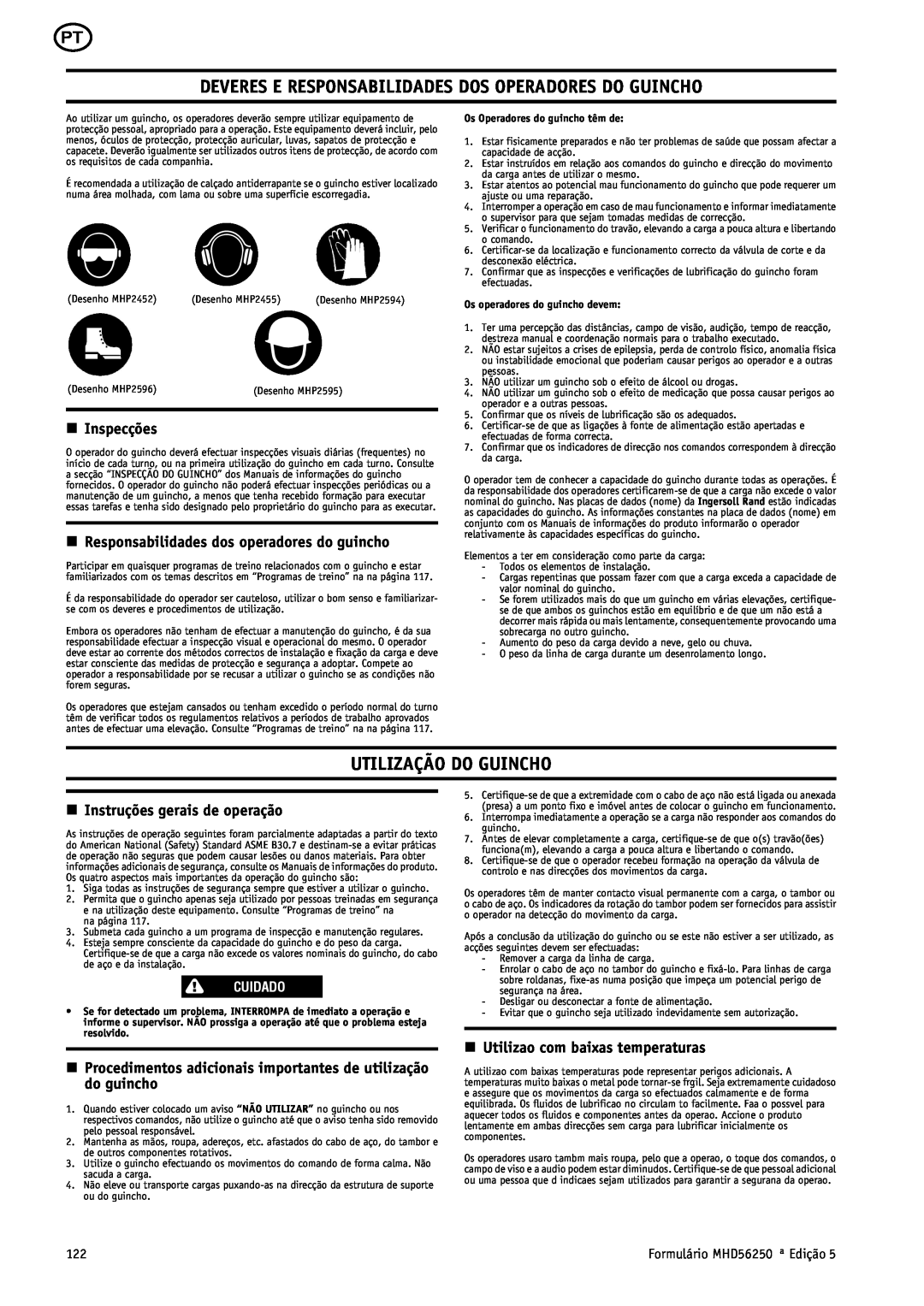 Ingersoll-Rand MHD56250 manual Deveres E Responsabilidades Dos Operadores Do Guincho, Utilização Do Guincho, n Inspecções 
