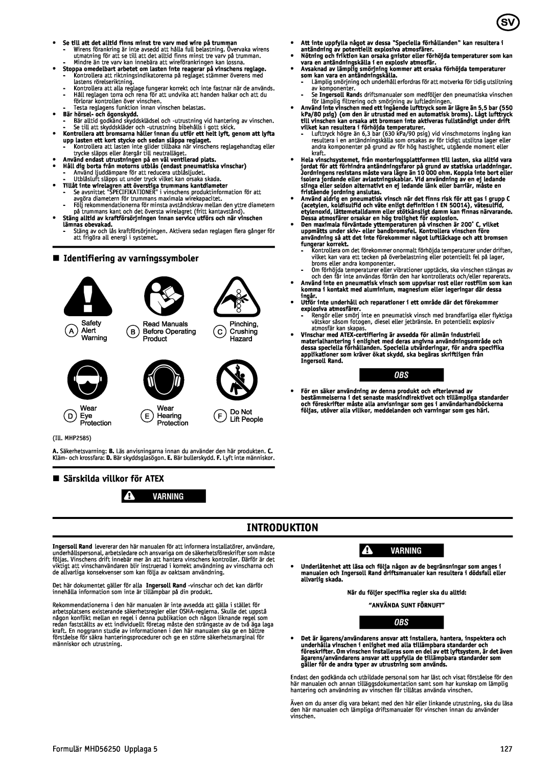 Ingersoll-Rand MHD56250 manual Introduktion, n Identifiering av varningssymboler, n Särskilda villkor för ATEX, Varning 