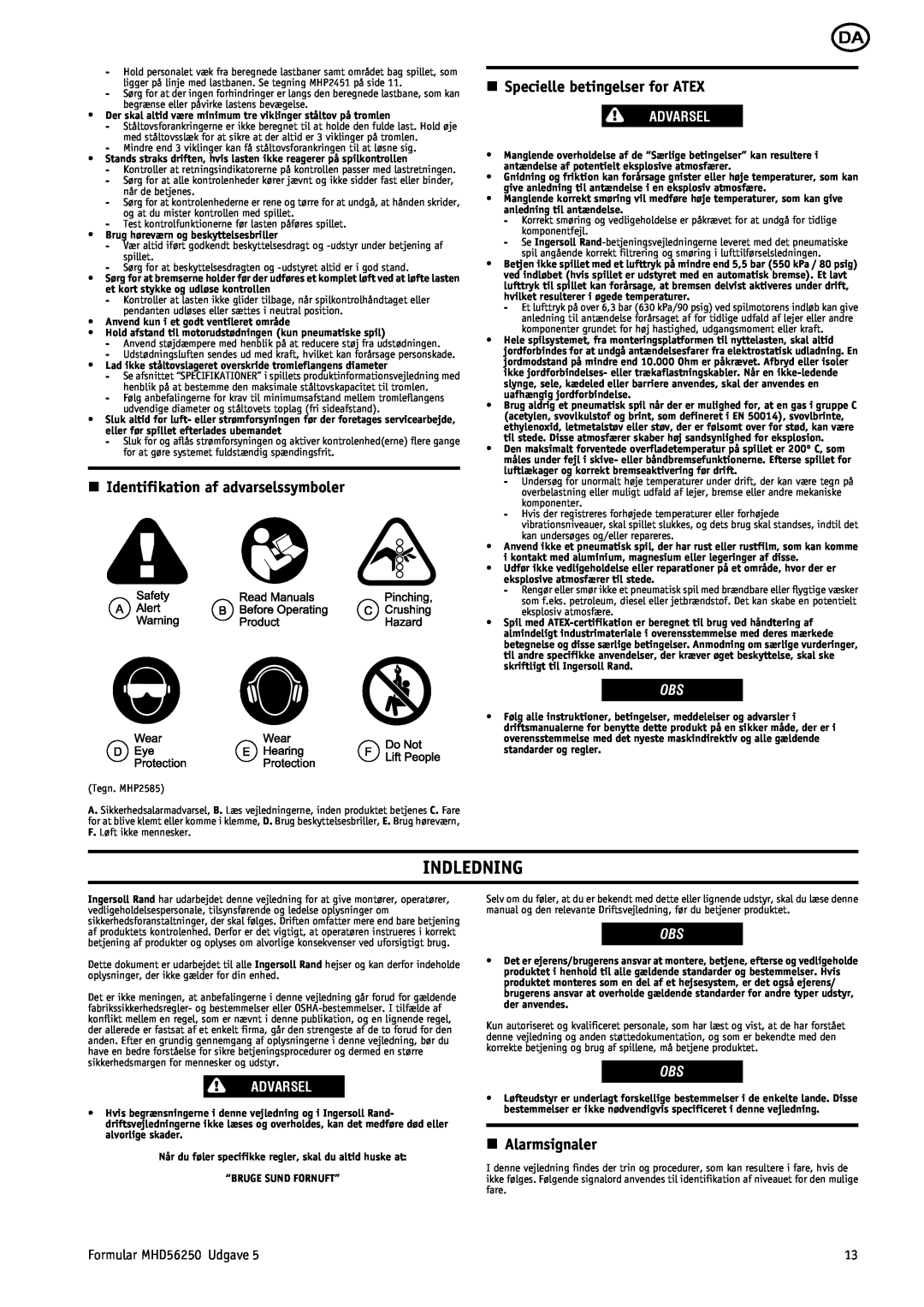 Ingersoll-Rand MHD56250 Indledning, n Identifikation af advarselssymboler, n Specielle betingelser for ATEX, Advarsel 