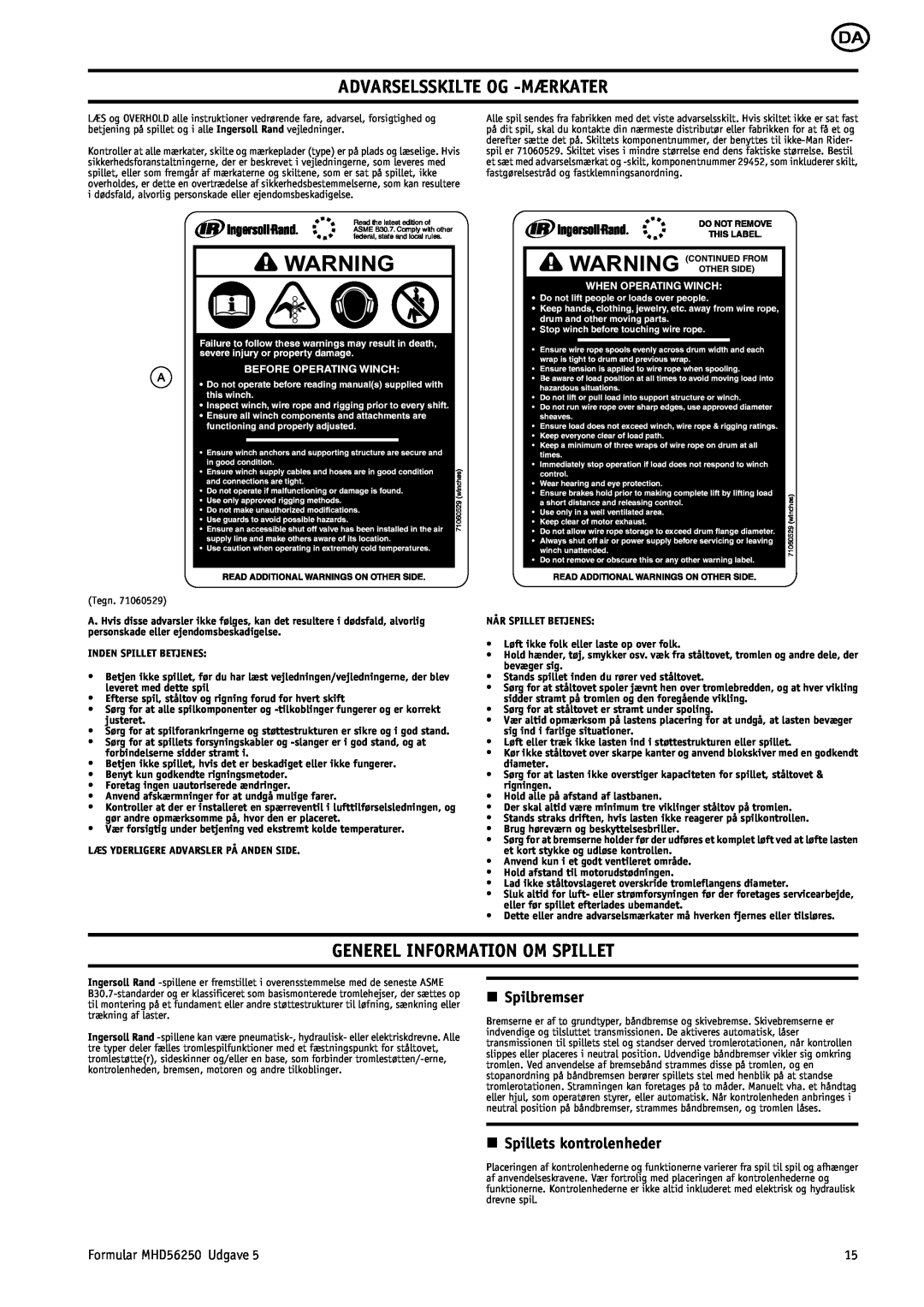 Ingersoll-Rand MHD56250 manual Advarselsskilte Og -Mærkater, Generel Information Om Spillet, n Spilbremser 