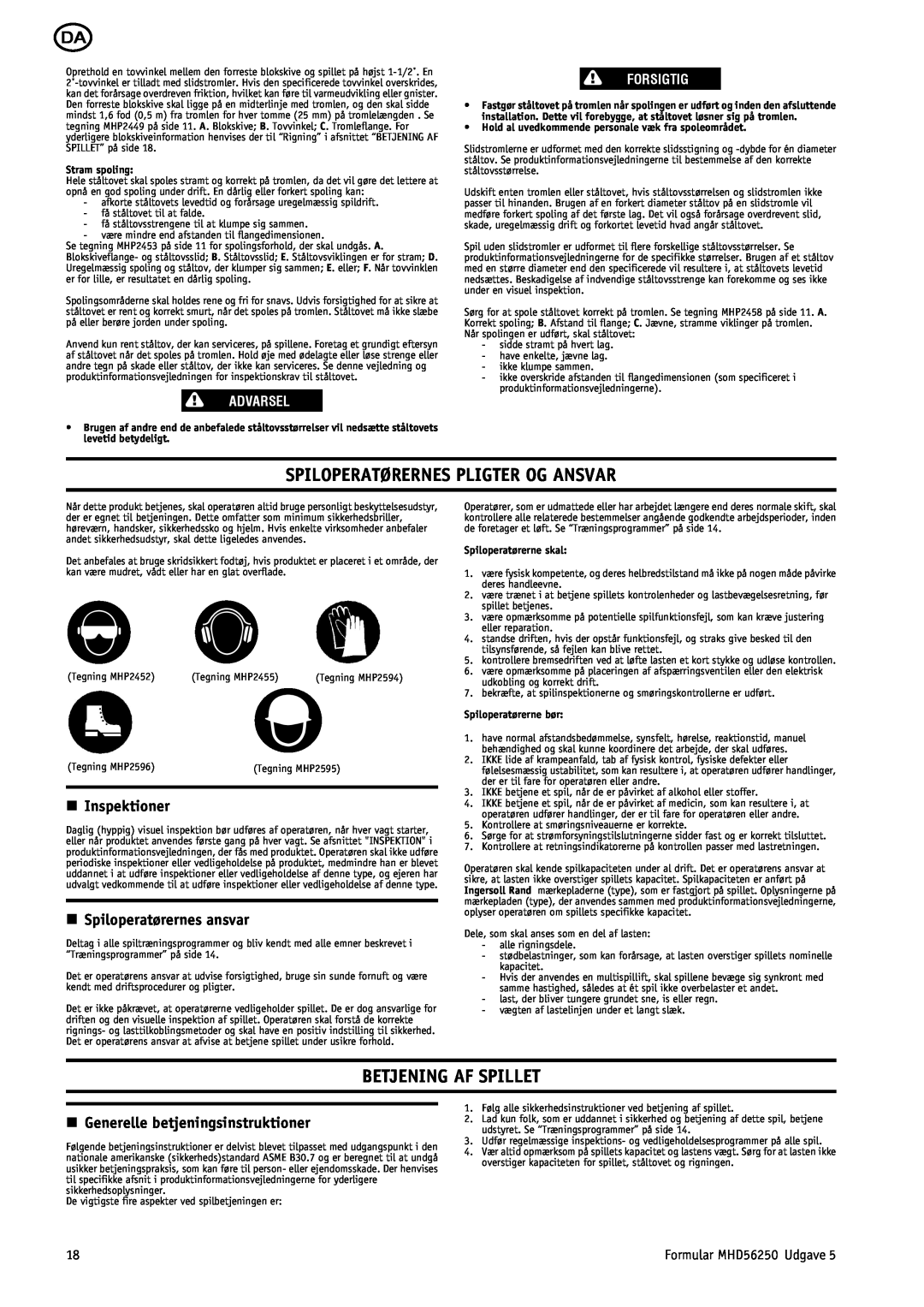 Ingersoll-Rand MHD56250 Spiloperatørernes Pligter Og Ansvar, Betjening Af Spillet, n Inspektioner, Advarsel, Forsigtig 