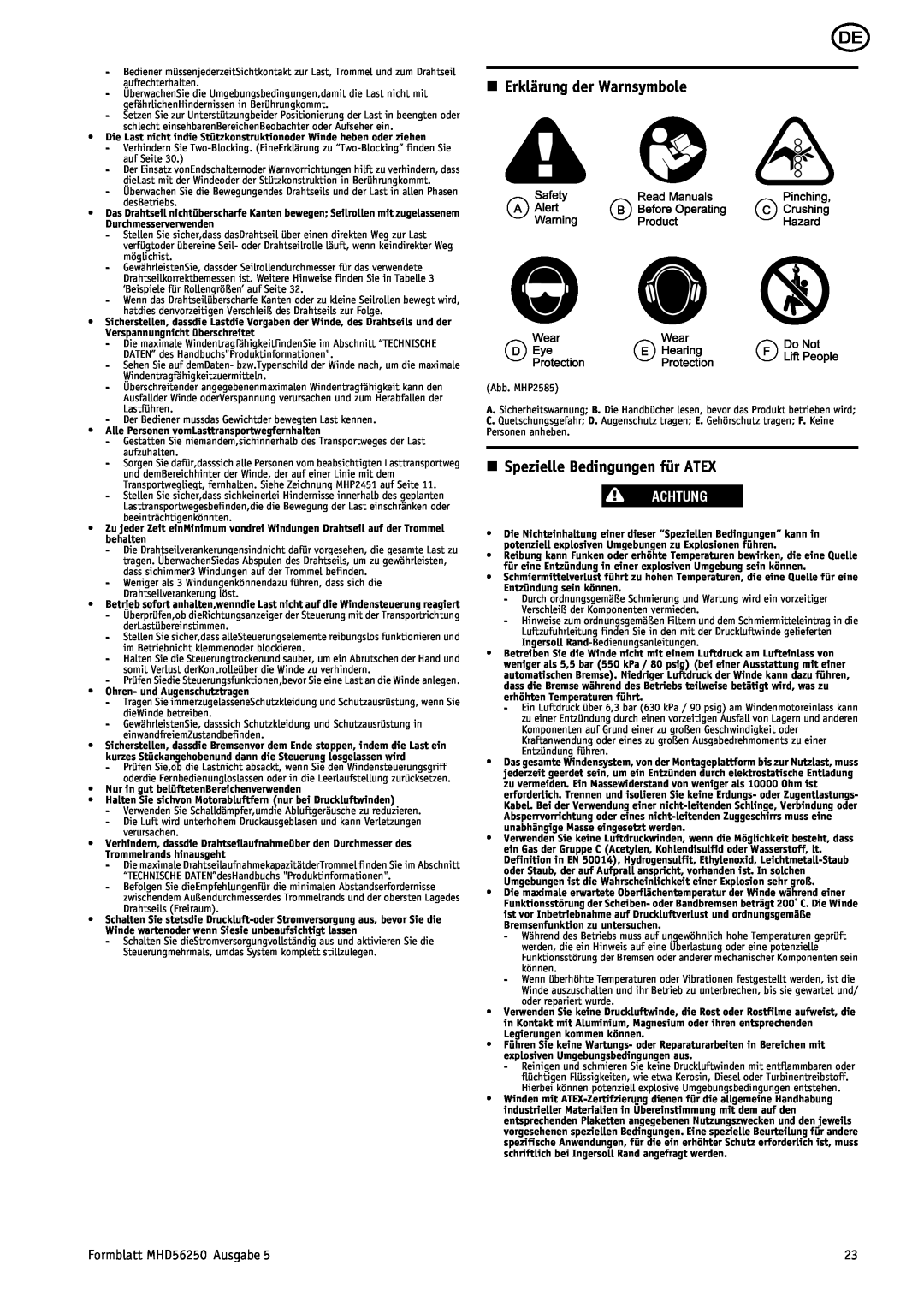 Ingersoll-Rand manual n Erklärung der Warnsymbole, n Spezielle Bedingungen für ATEX, Achtung, Formblatt MHD56250 Ausgabe 