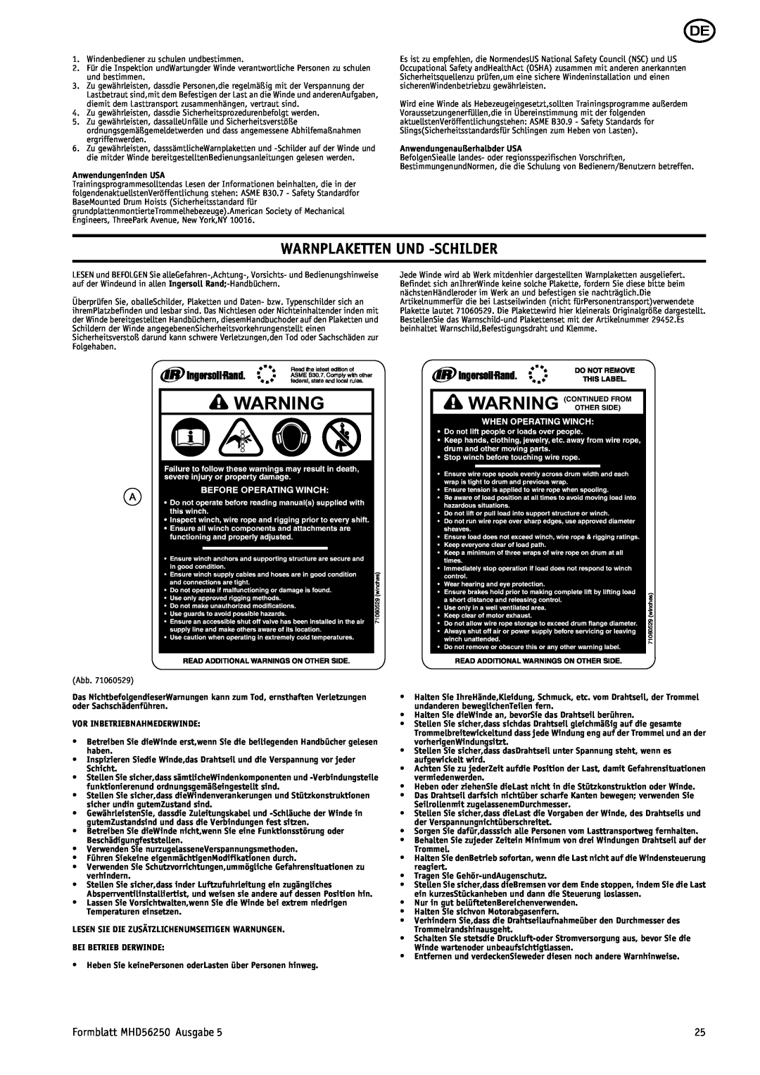 Ingersoll-Rand manual Warnplaketten Und -Schilder, Formblatt MHD56250 Ausgabe 