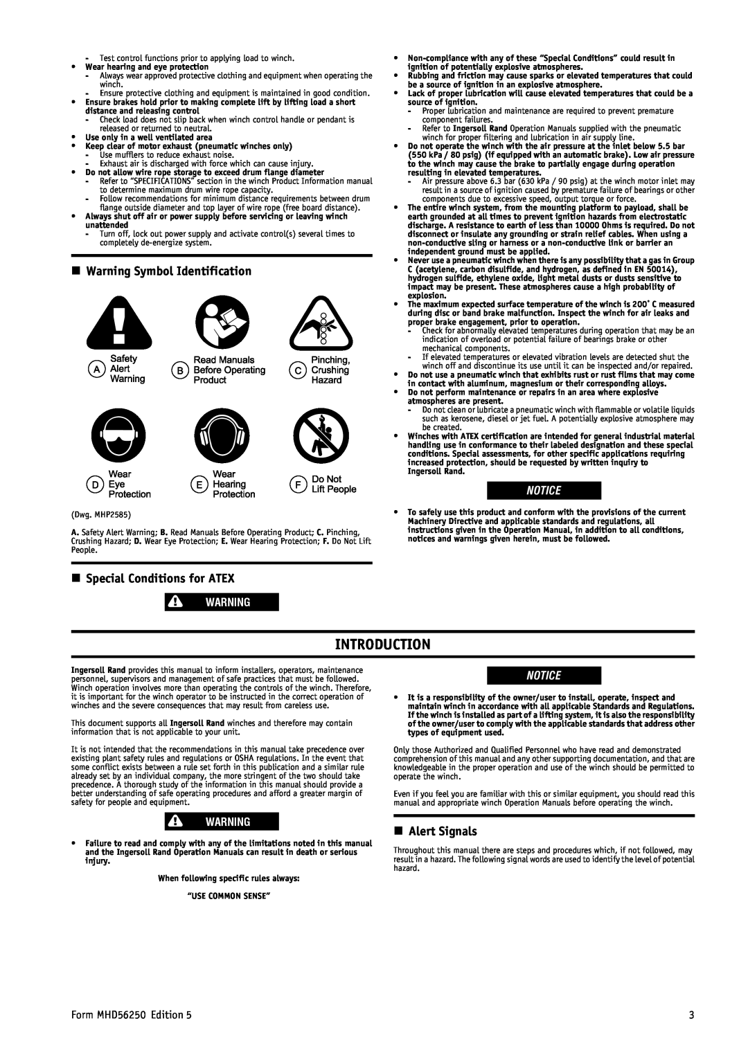 Ingersoll-Rand MHD56250 Introduction, n Warning Symbol Identification, n Special Conditions for ATEX, n Alert Signals 