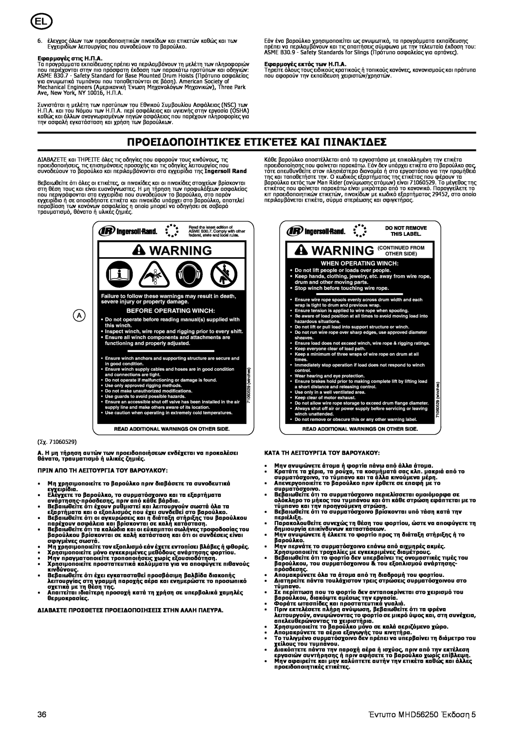 Ingersoll-Rand MHD56250 manual Προειδοποιητικέσ Ετικέτεσ Και Πινακίδεσ 