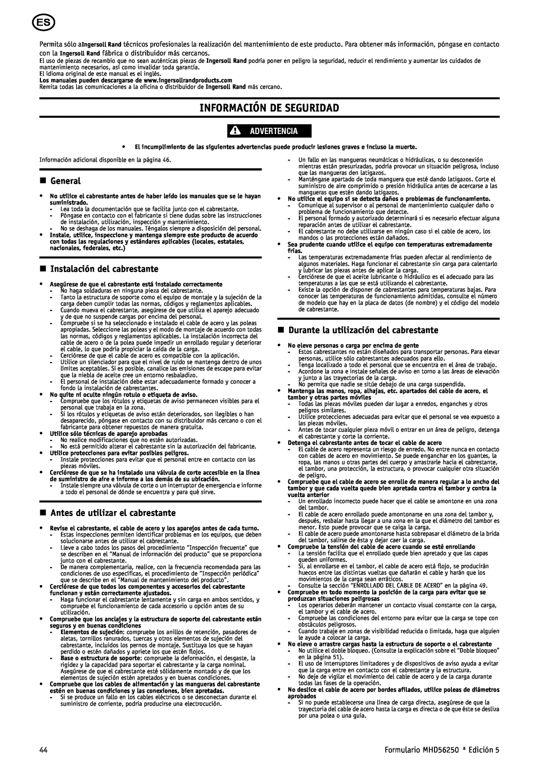 Ingersoll-Rand MHD56250 manual Información De Seguridad, n General, n Instalación del cabrestante, Advertencia 