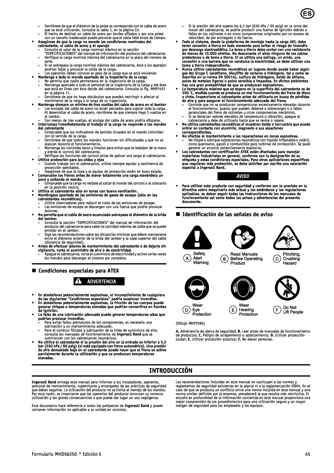 Ingersoll-Rand MHD56250 Introducción, n Identificación de las señales de aviso, n Condiciones especiales para ATEX, Aviso 