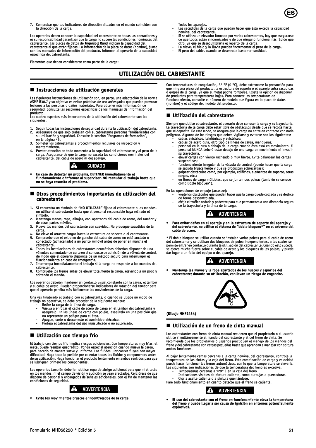 Ingersoll-Rand MHD56250 manual Utilización Del Cabrestante, n Instrucciones de utilización generales, Cuidado, Advertencia 