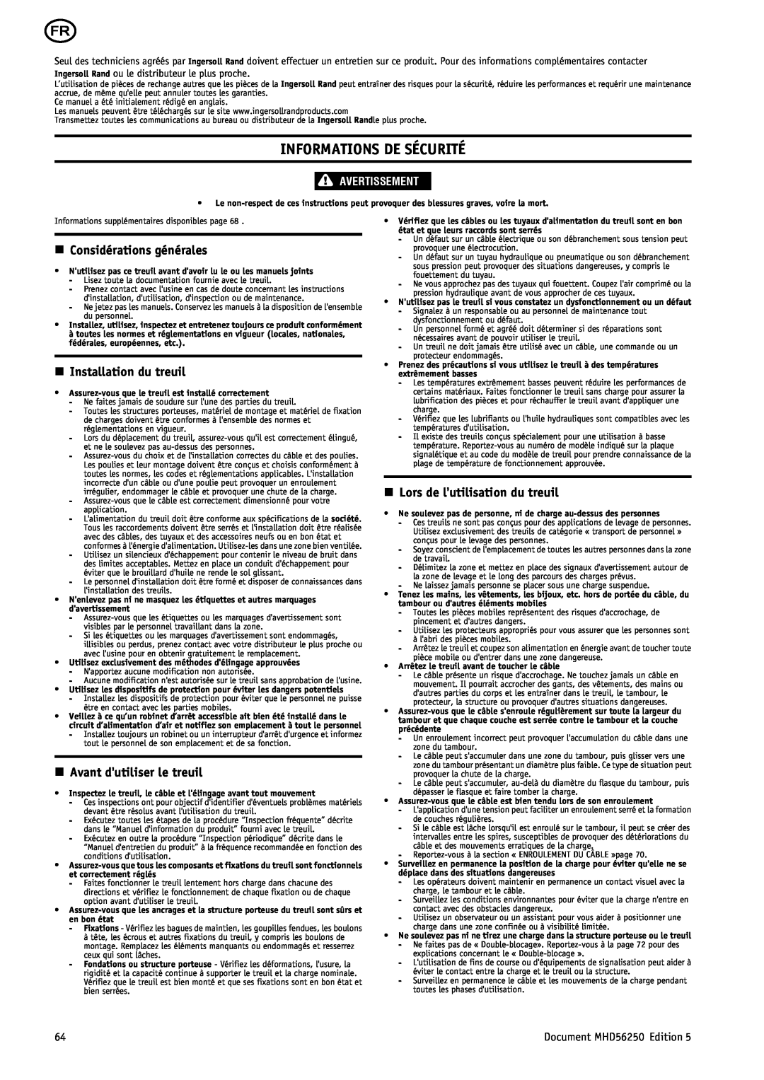 Ingersoll-Rand MHD56250 Informations De Sécurité, n Considérations générales, n Installation du treuil, Avertissement 